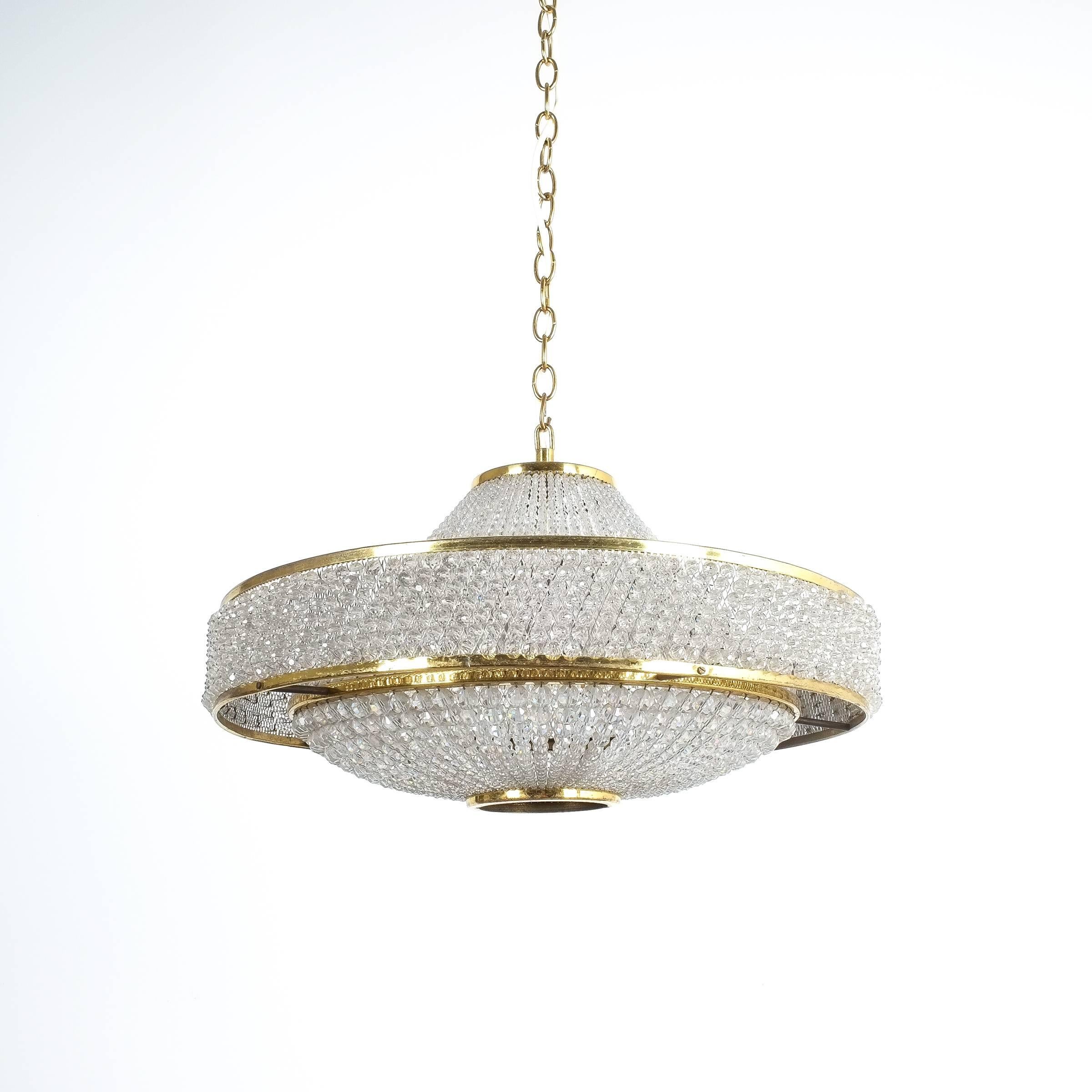 Mid-20th Century Bakalowits Pearl Crystal Ufo Chandelier with Brass Details, Austria, 1960