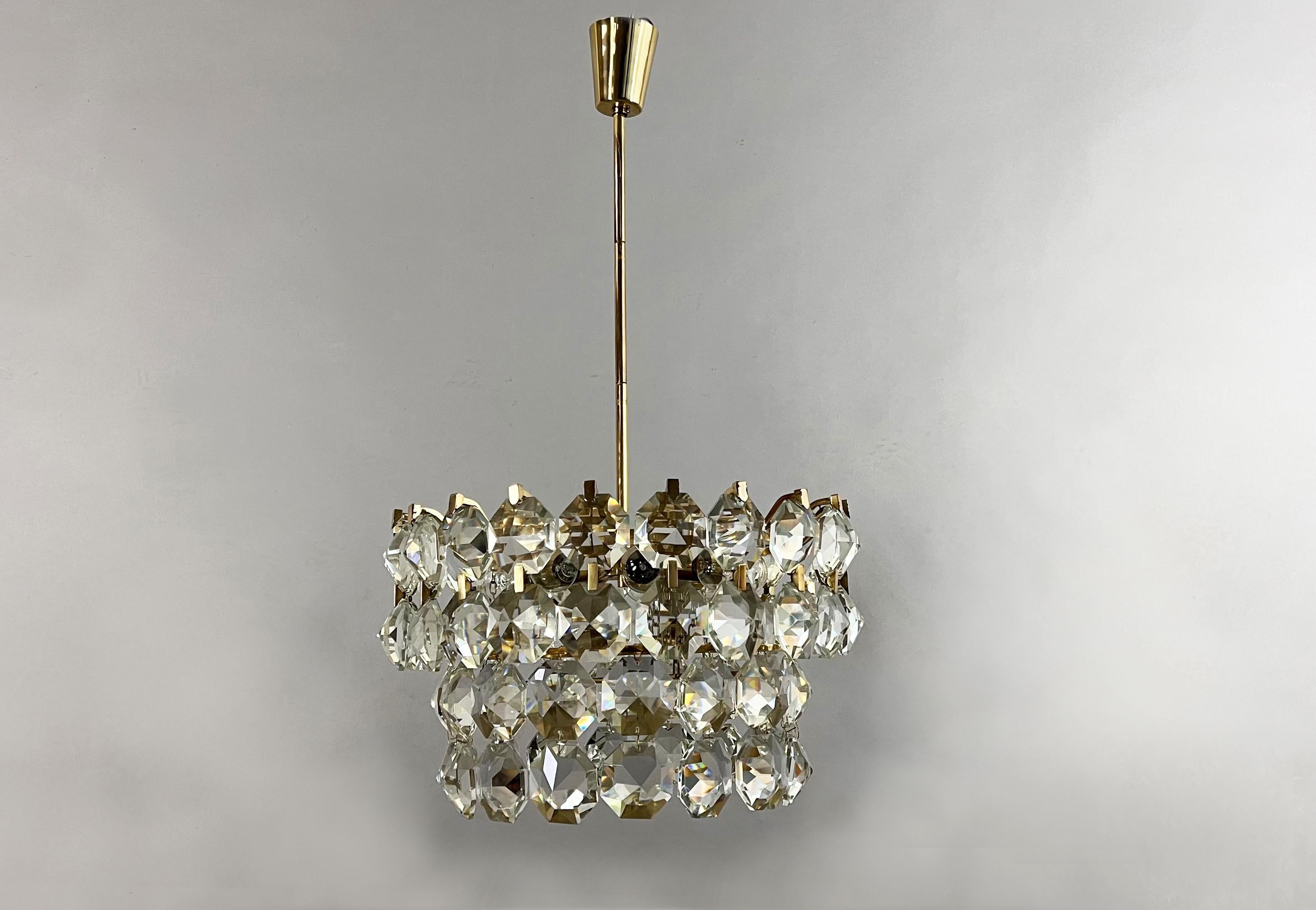 Brass Bakalowits & sons, Vienna 1960, hanging lamp, decorated with hand cut crystals