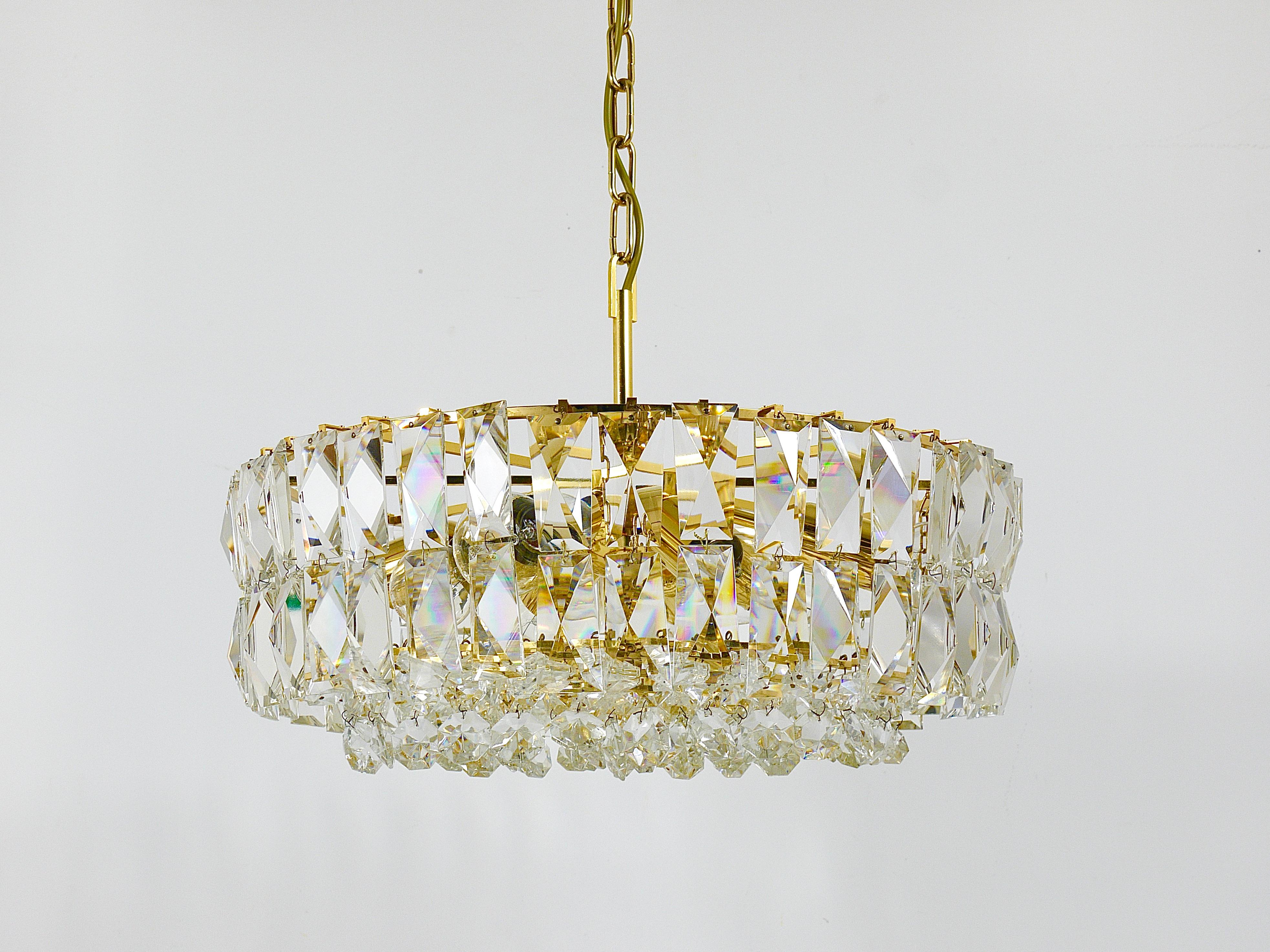 Gold Bakalowits Vienna Large Gilt Brass & Crystal Glass Chandelier, Austria, 1970s For Sale