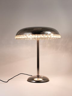 Bakalowits Vienna Nickel & Crystal Mushroom Table Desk Side Lamp, Austria, 1950s