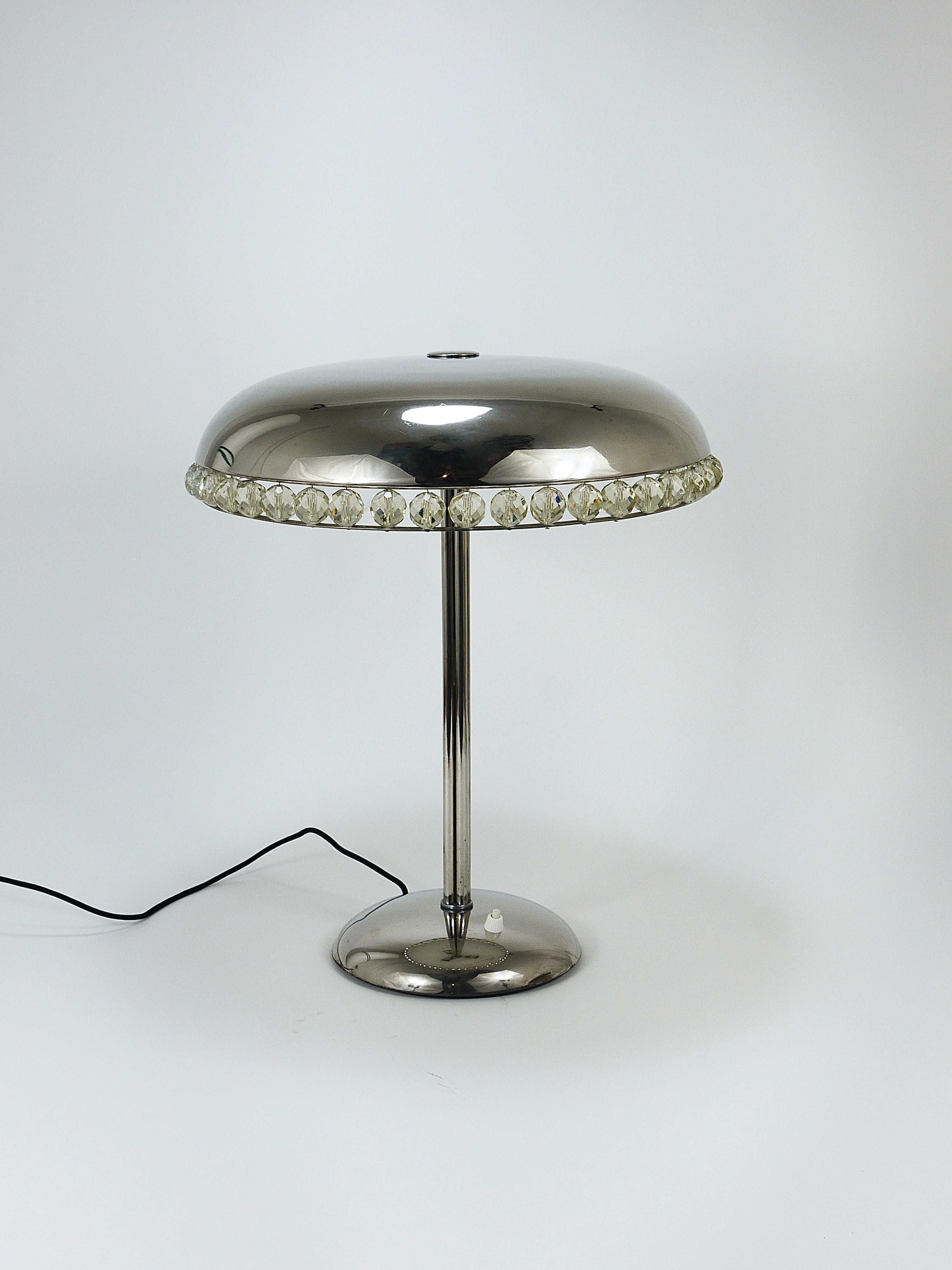 Mid-Century Modern Bakalowits Vienna Nickel & Crystal Mushroom Table Desk Side Lamp, Autriche, années 1950 en vente