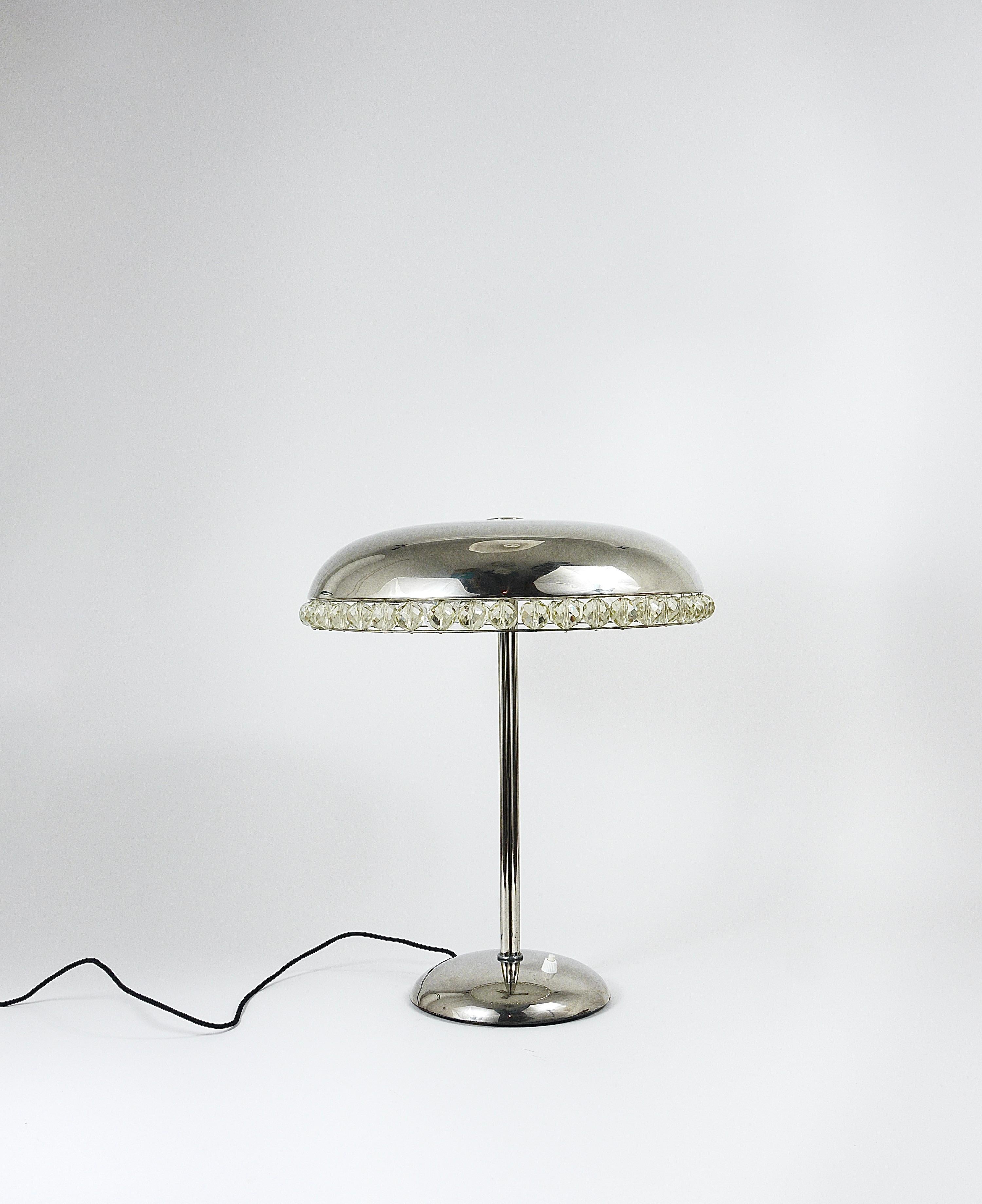 Autrichien Bakalowits Vienna Nickel & Crystal Mushroom Table Desk Side Lamp, Autriche, années 1950 en vente