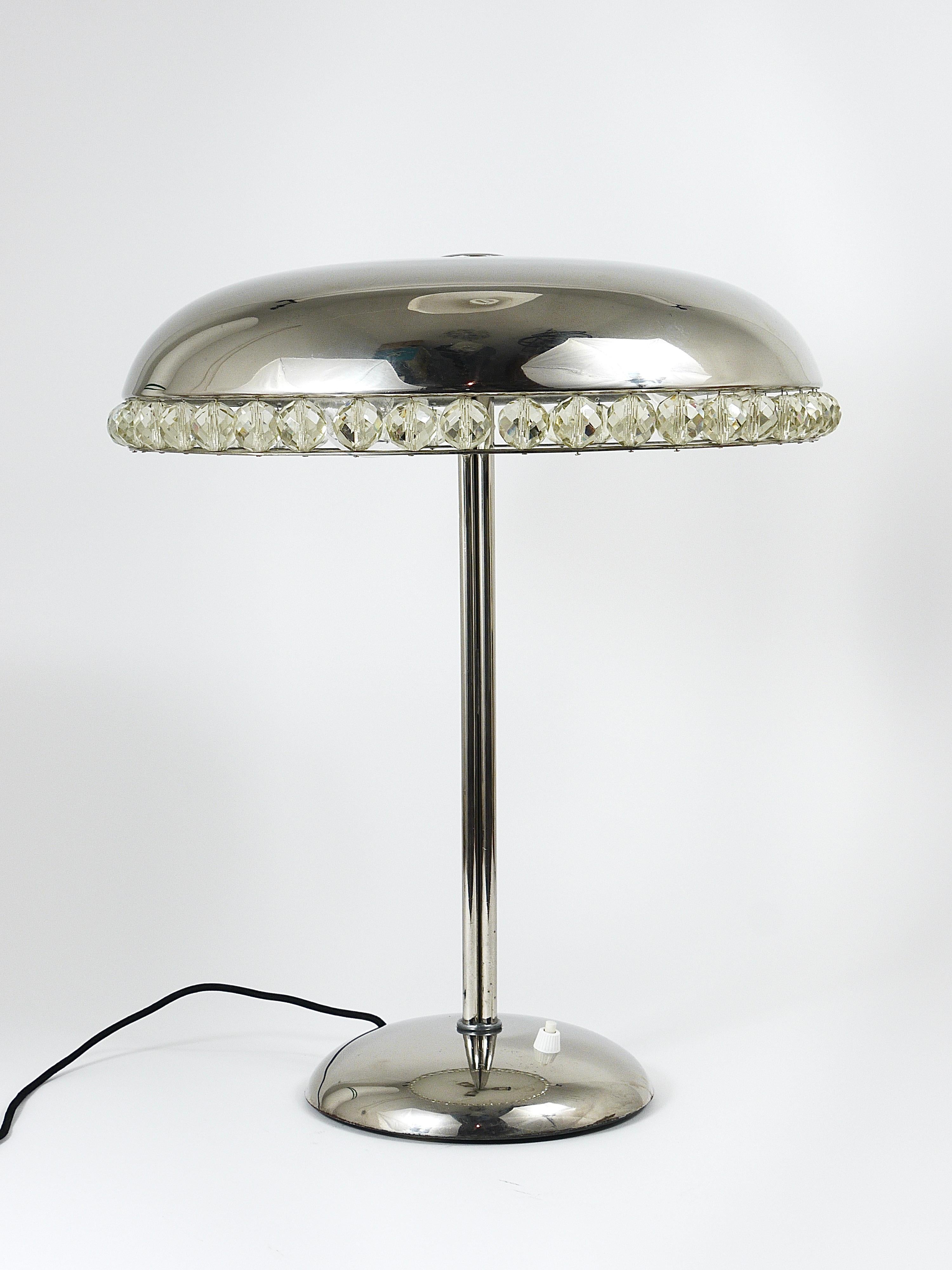 Bakalowits Vienna Nickel & Crystal Mushroom Table Desk Side Lamp, Autriche, années 1950 en vente 1