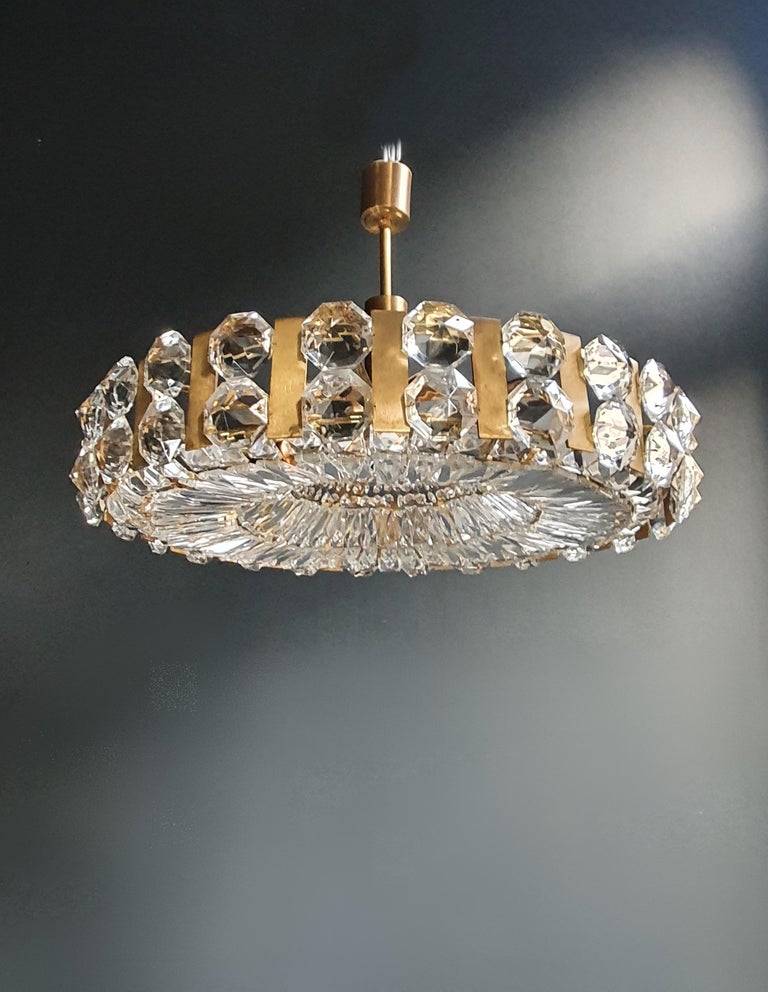 Hollywood Regency Bakalowits Vintage Crystal Flushmount Gold Chandelier Ceiling Low 1960s For Sale