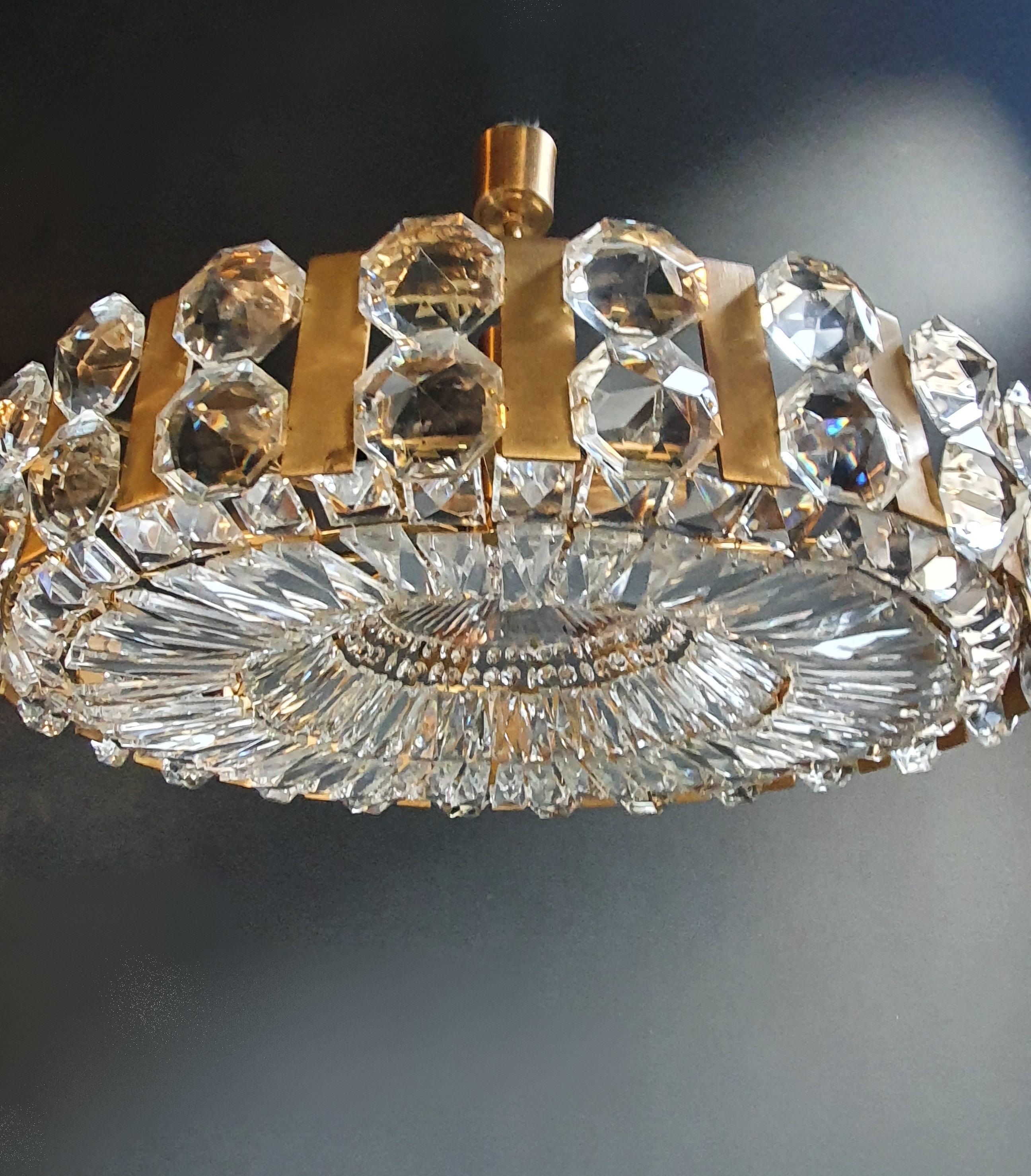 European Bakalowits Vintage Crystal Flushmount Gold Chandelier Ceiling Low 1960s
