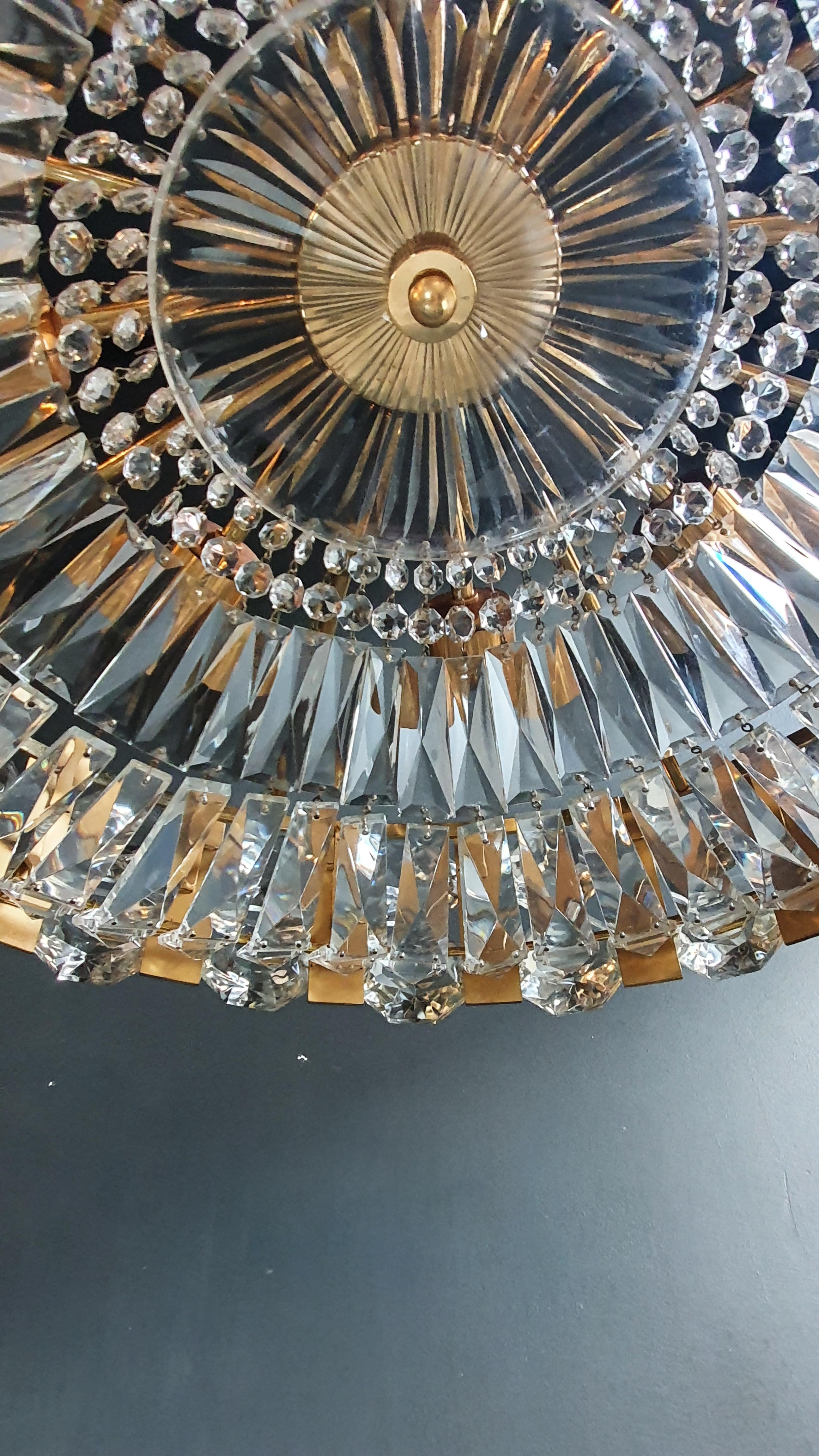 Brass Bakalowits Vintage Crystal Flushmount Gold Chandelier Ceiling Low 1960s