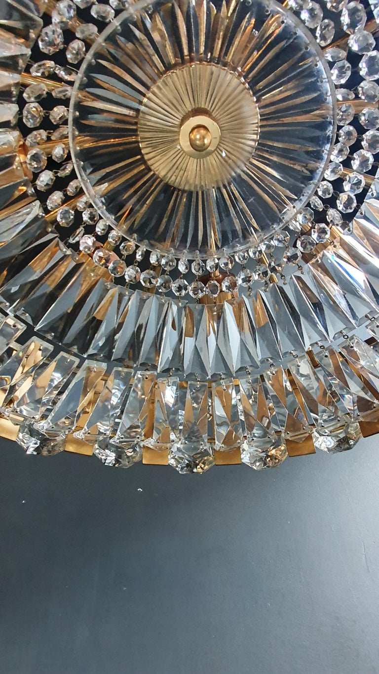 Brass Bakalowits Vintage Crystal Flushmount Gold Chandelier Ceiling Low 1960s For Sale