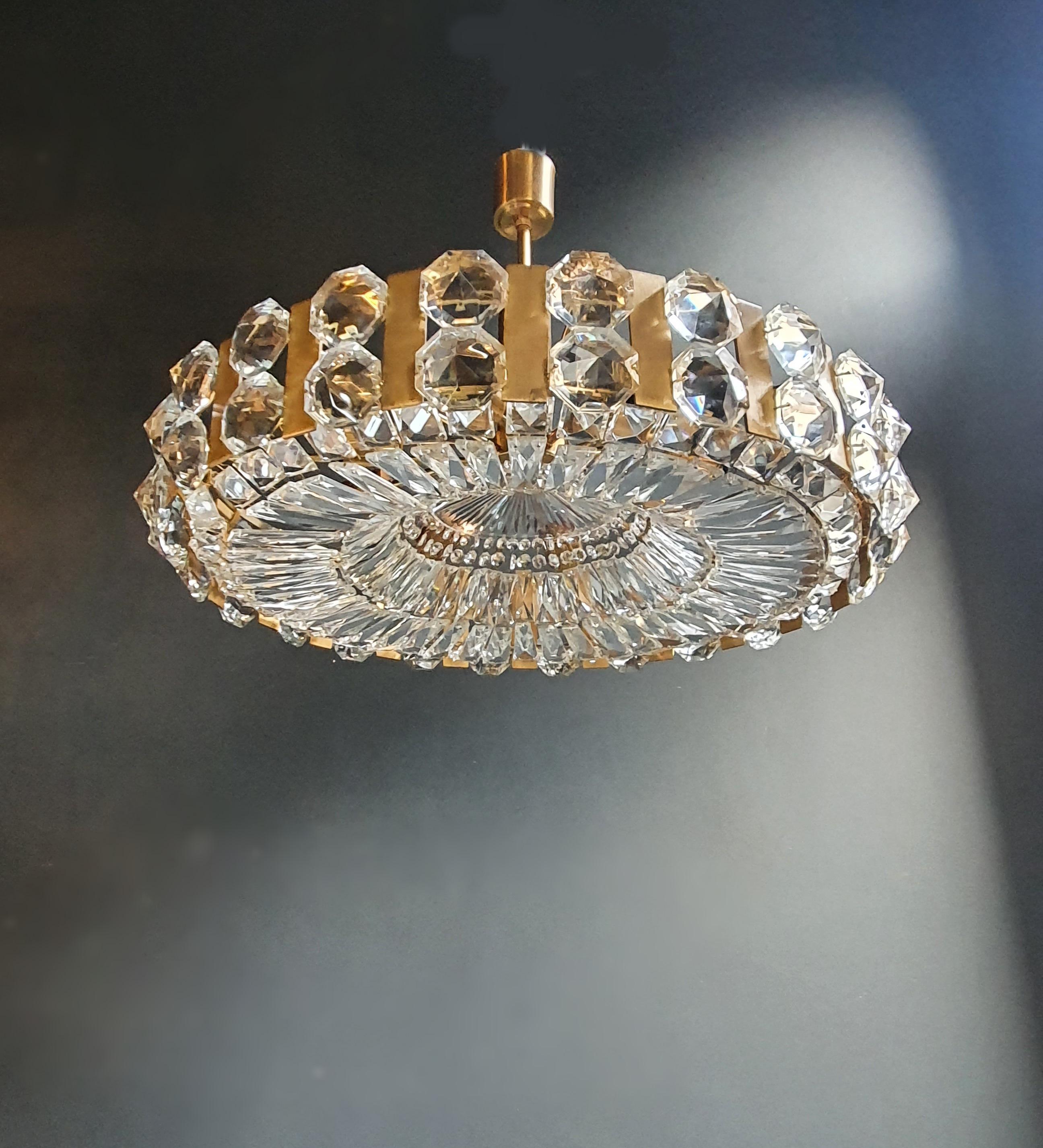Hollywood Regency Bakalowits Vintage Crystal Flushmount Gold Chandelier Ceiling Low 1960s