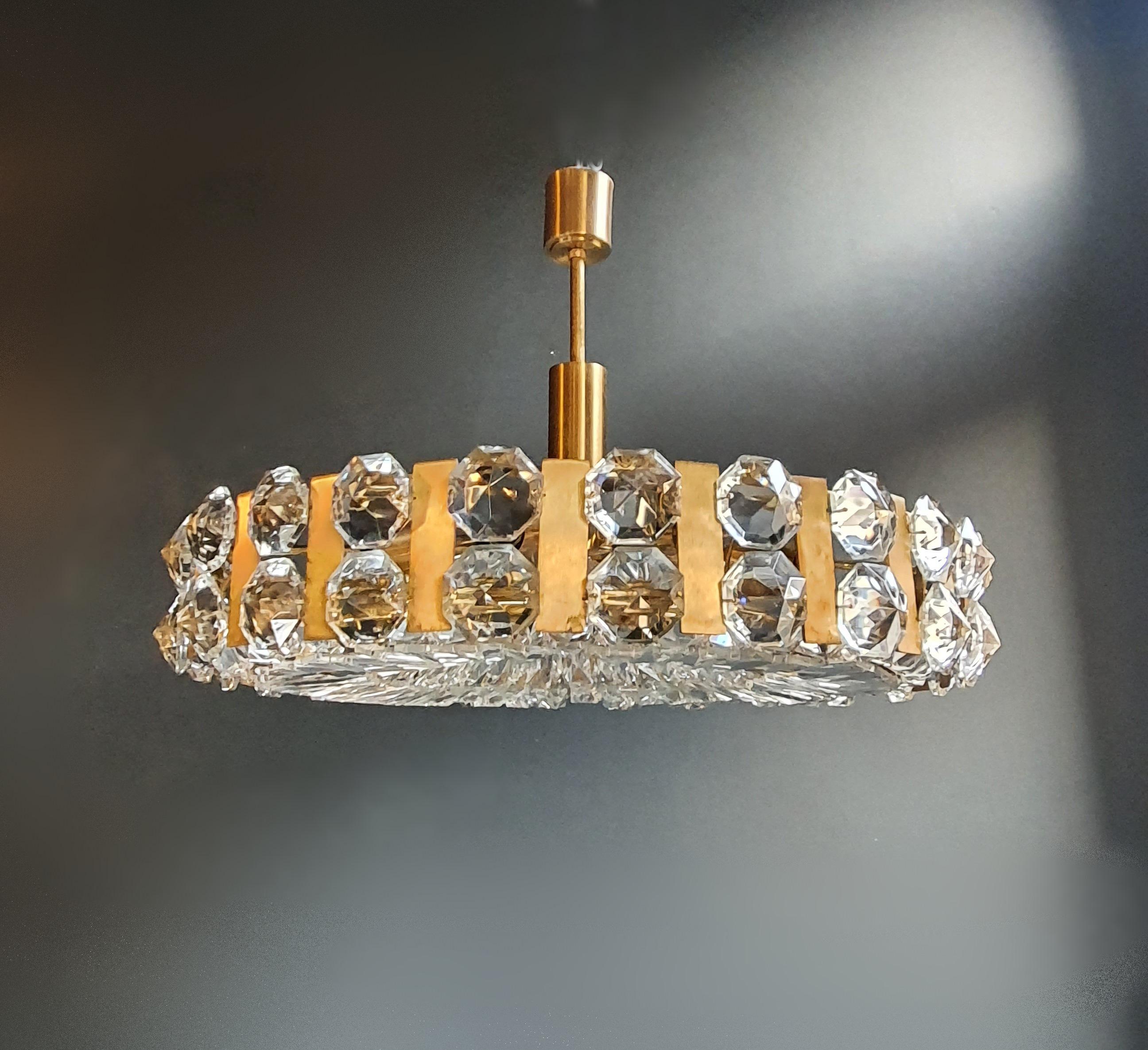 European Bakalowits Vintage Crystal Flushmount Gold Chandelier Ceiling Low 1960s