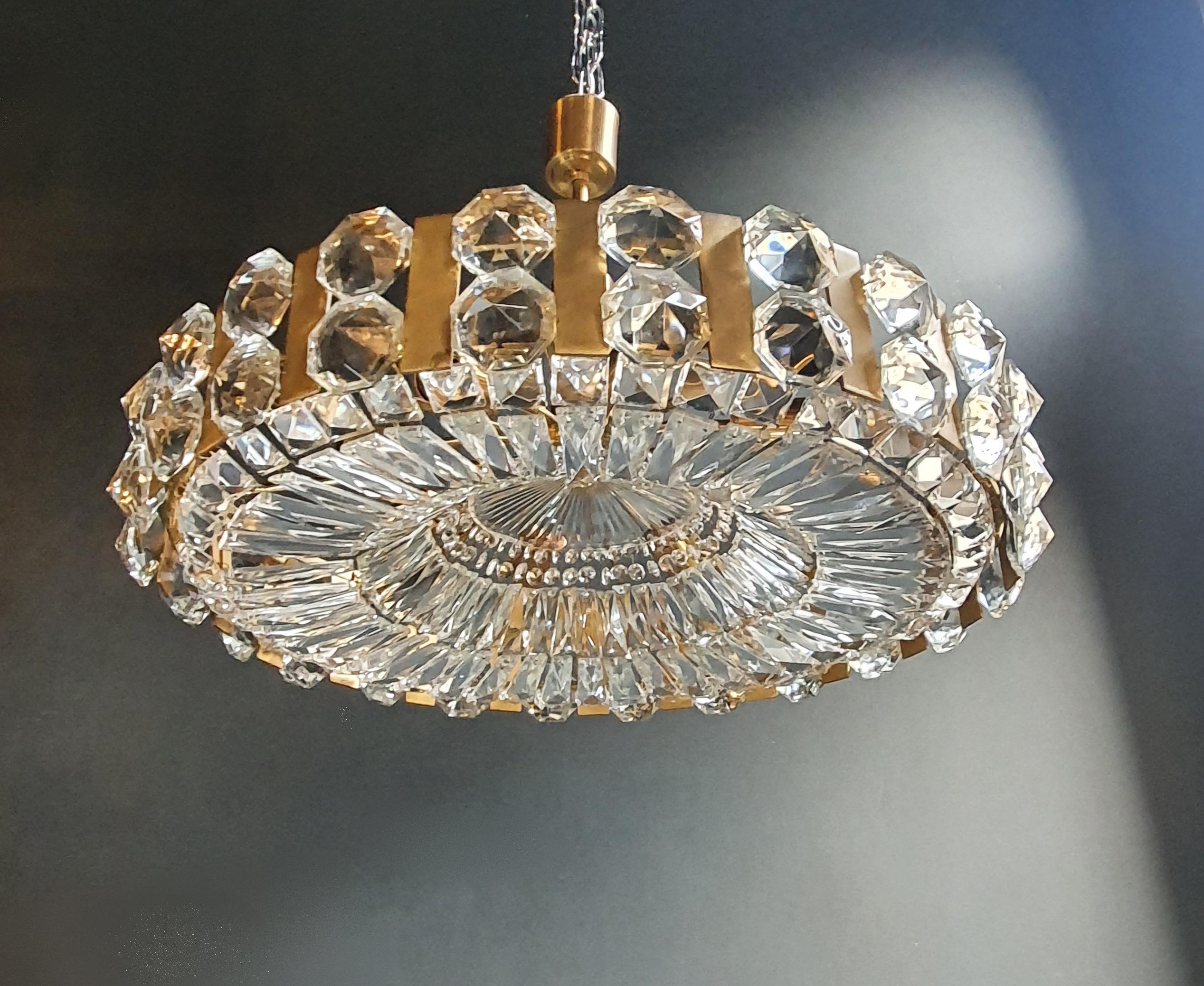 Mid-20th Century Bakalowits Vintage Crystal Flushmount Gold Chandelier Ceiling Low 1960s