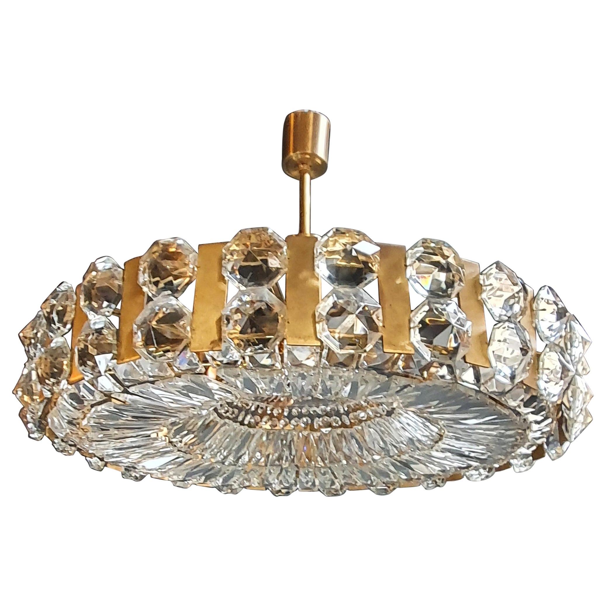 Bakalowits Vintage Crystal Flushmount Gold Chandelier Ceiling Low 1960s