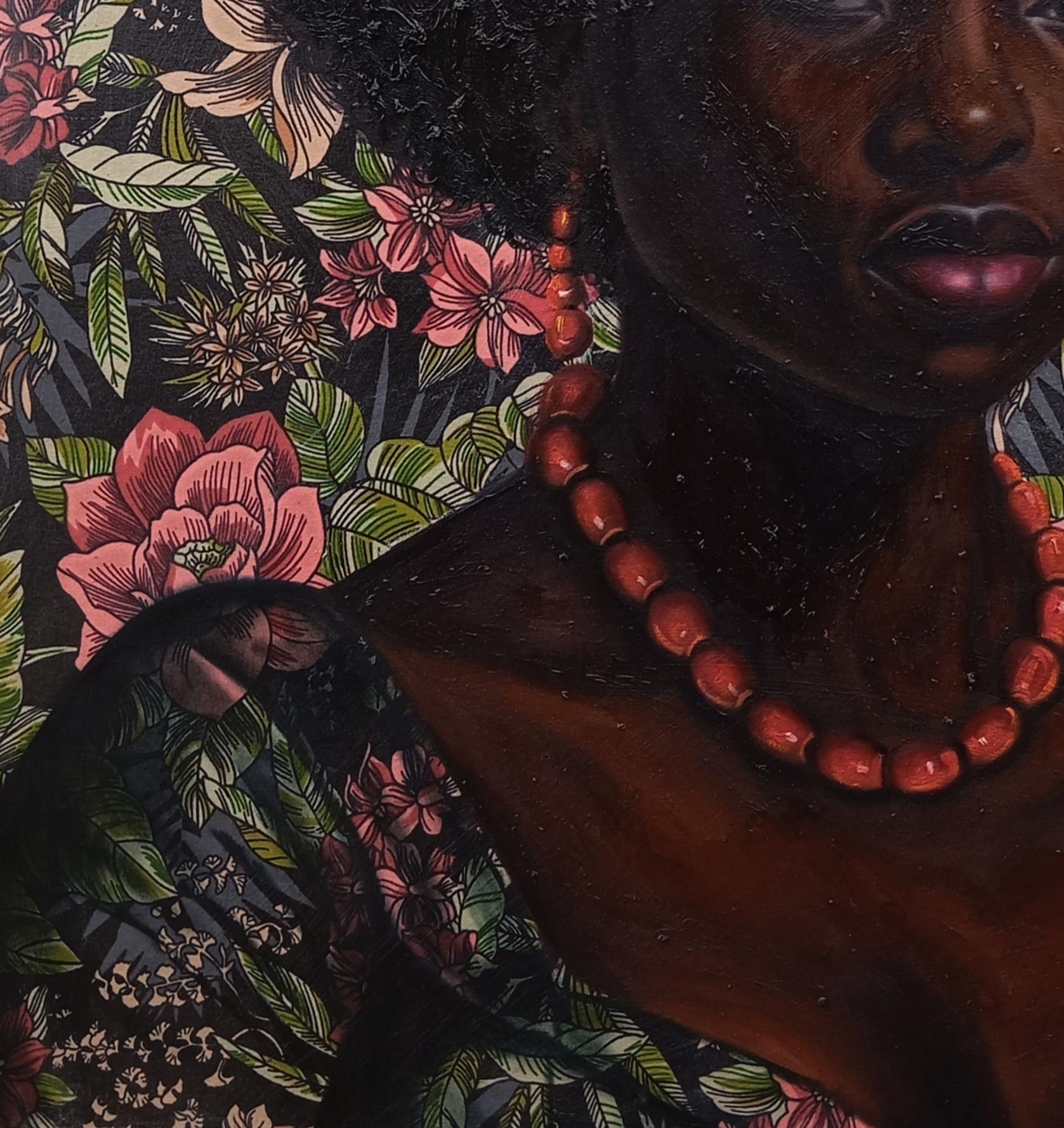 Adetutu (Royalty Brings Calmness - 21e siècle - Techniques mixtes avec huile et tissus en vente 1