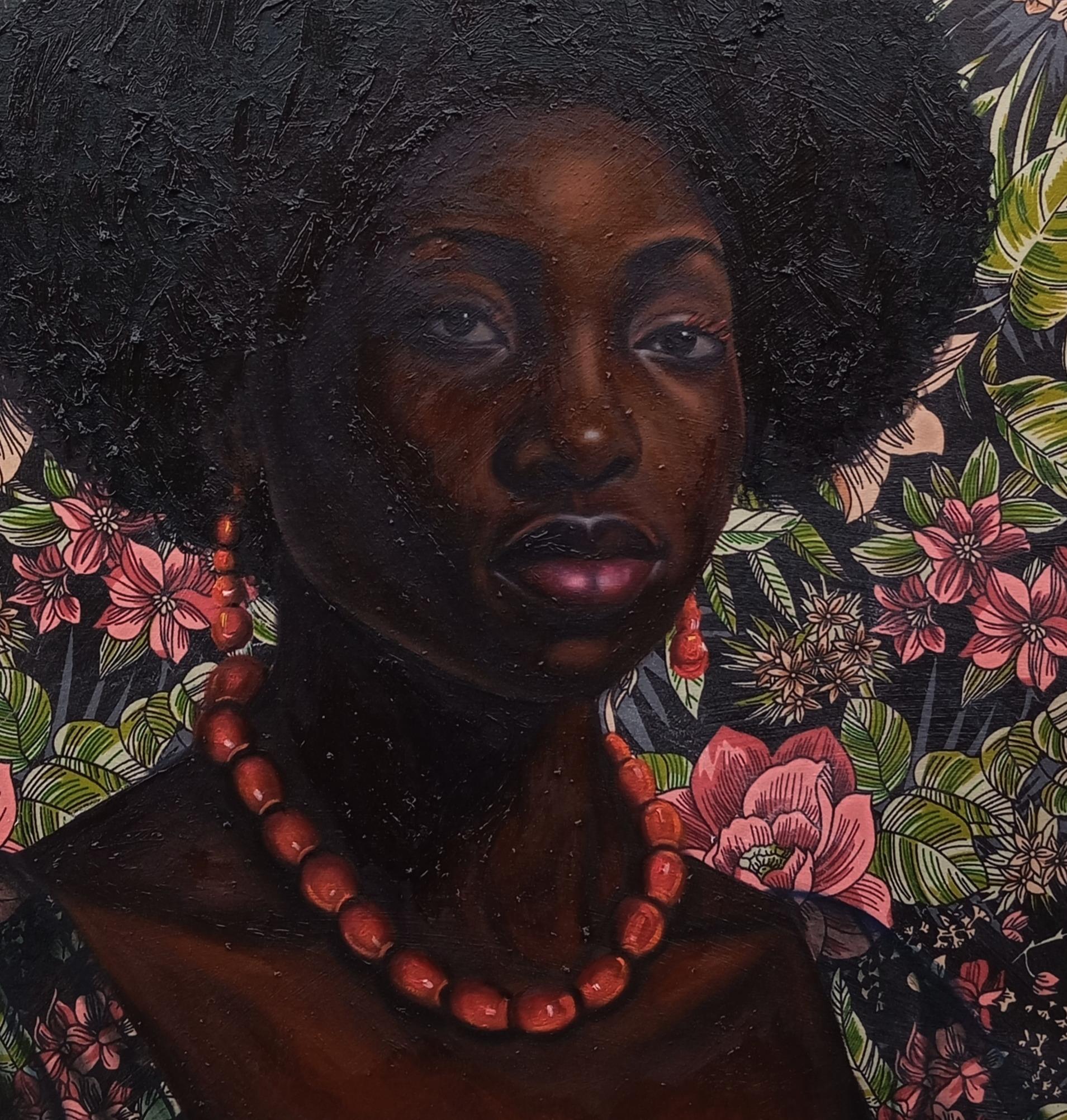 Adetutu (Royalty Brings Calmness - 21e siècle - Techniques mixtes avec huile et tissus en vente 3
