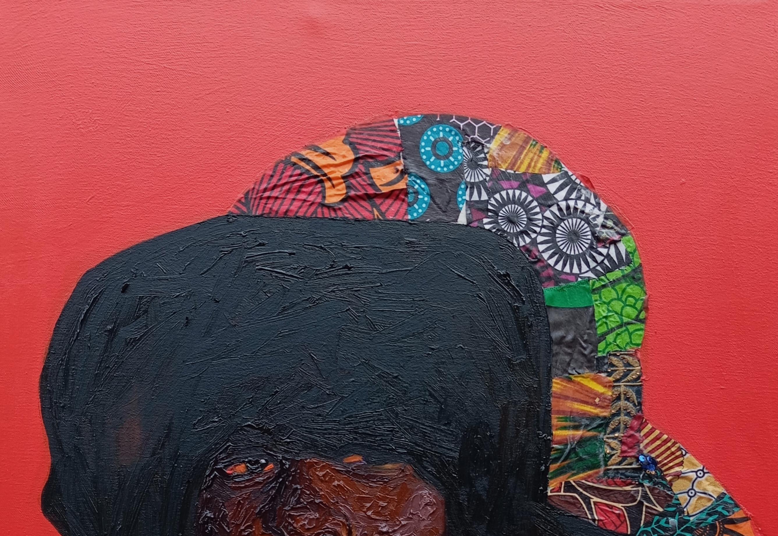 Debajo del sombrero - Siglo XXI, Figurativo, Técnica mixta con óleo, Tejidos, Mujeres - Mixed Media Art Contemporáneo de Bakare Abubakri-sideeq Babatunde