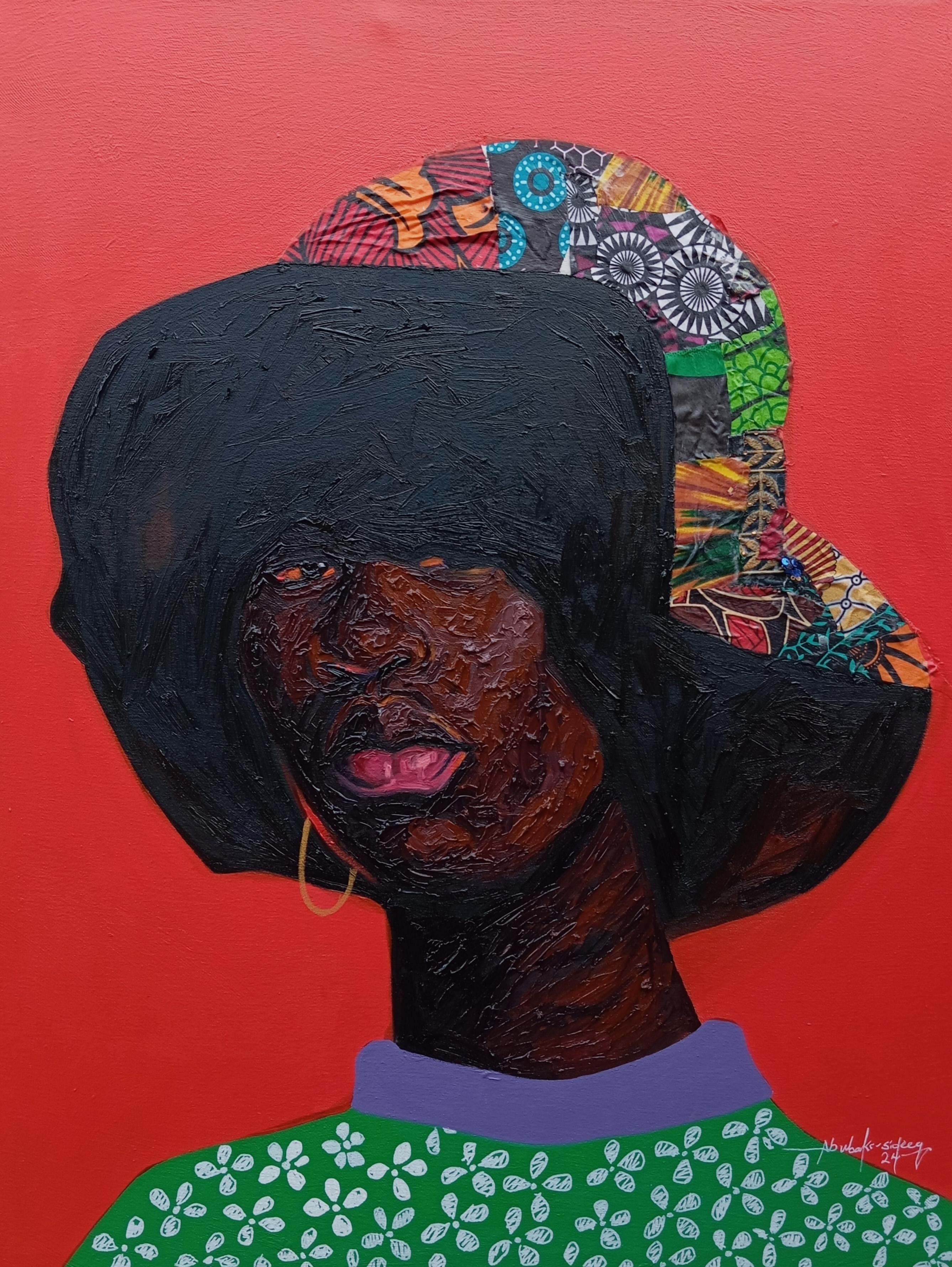 Debajo del sombrero - Siglo XXI, Figurativo, Técnica mixta con óleo, Tejidos, Mujeres - Mixed Media Art de Bakare Abubakri-sideeq Babatunde
