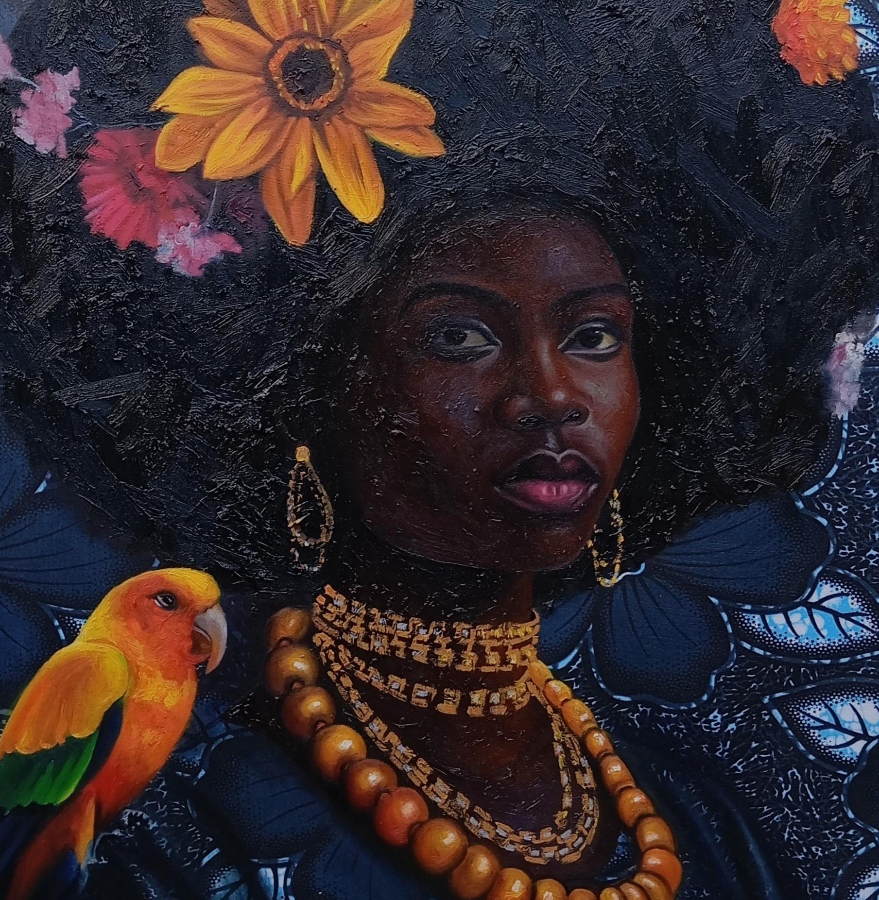 Crown in Bloom - 21st Century, Figurative Portrait, Mixed Media Africa Women For Sale 1