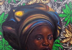 Crown of Beauty 1 - 21st Century Mixed Media with Oil, African Fabrics, Women