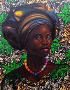Corona de Belleza 1 - Técnica mixta del siglo XXI con óleo, telas africanas, mujeres