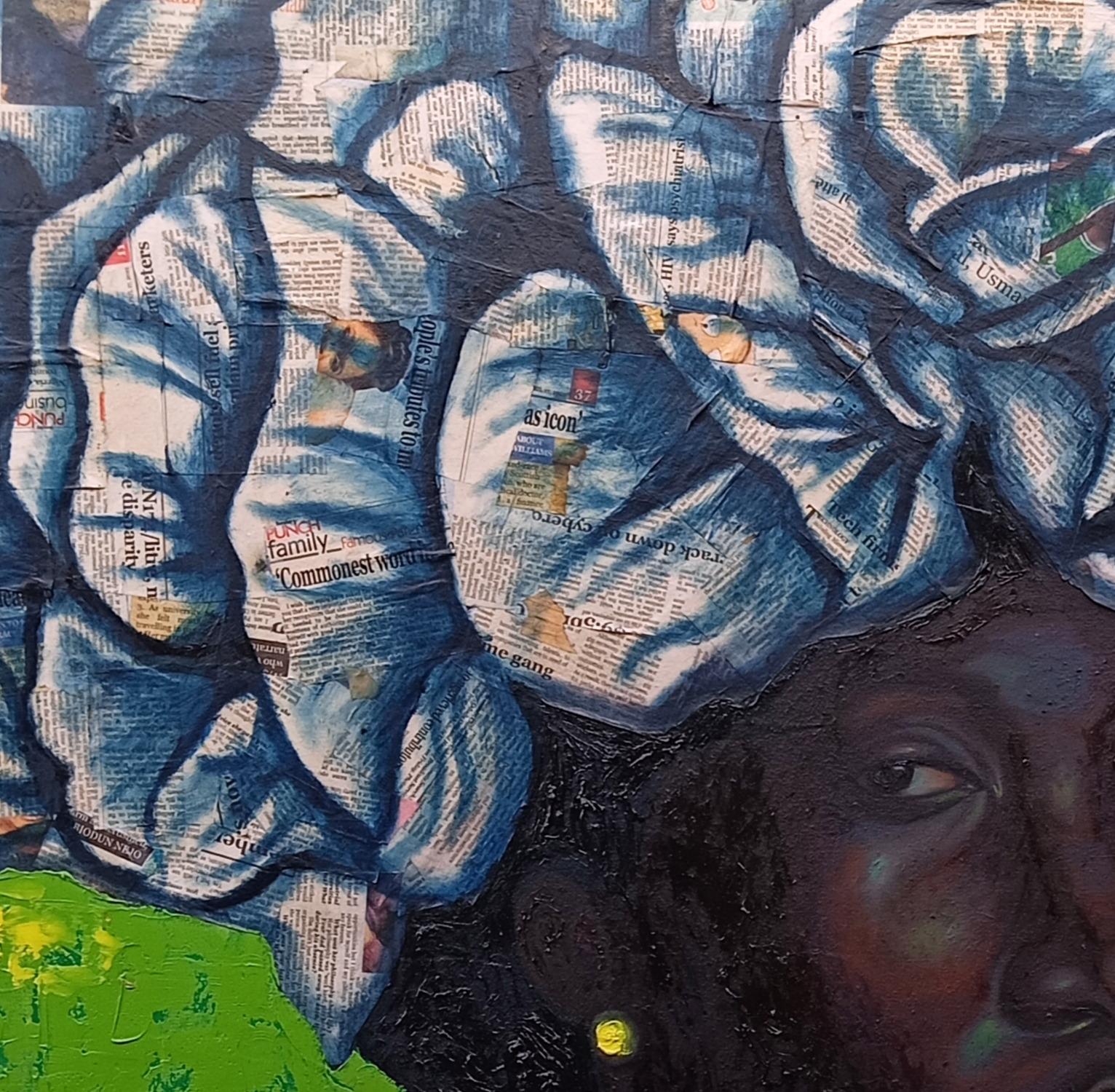 Esencia que corona - Técnica mixta del siglo XXI con óleo y telas de mujeres africanas - Painting de Bakare Abubakri-sideeq Babatunde