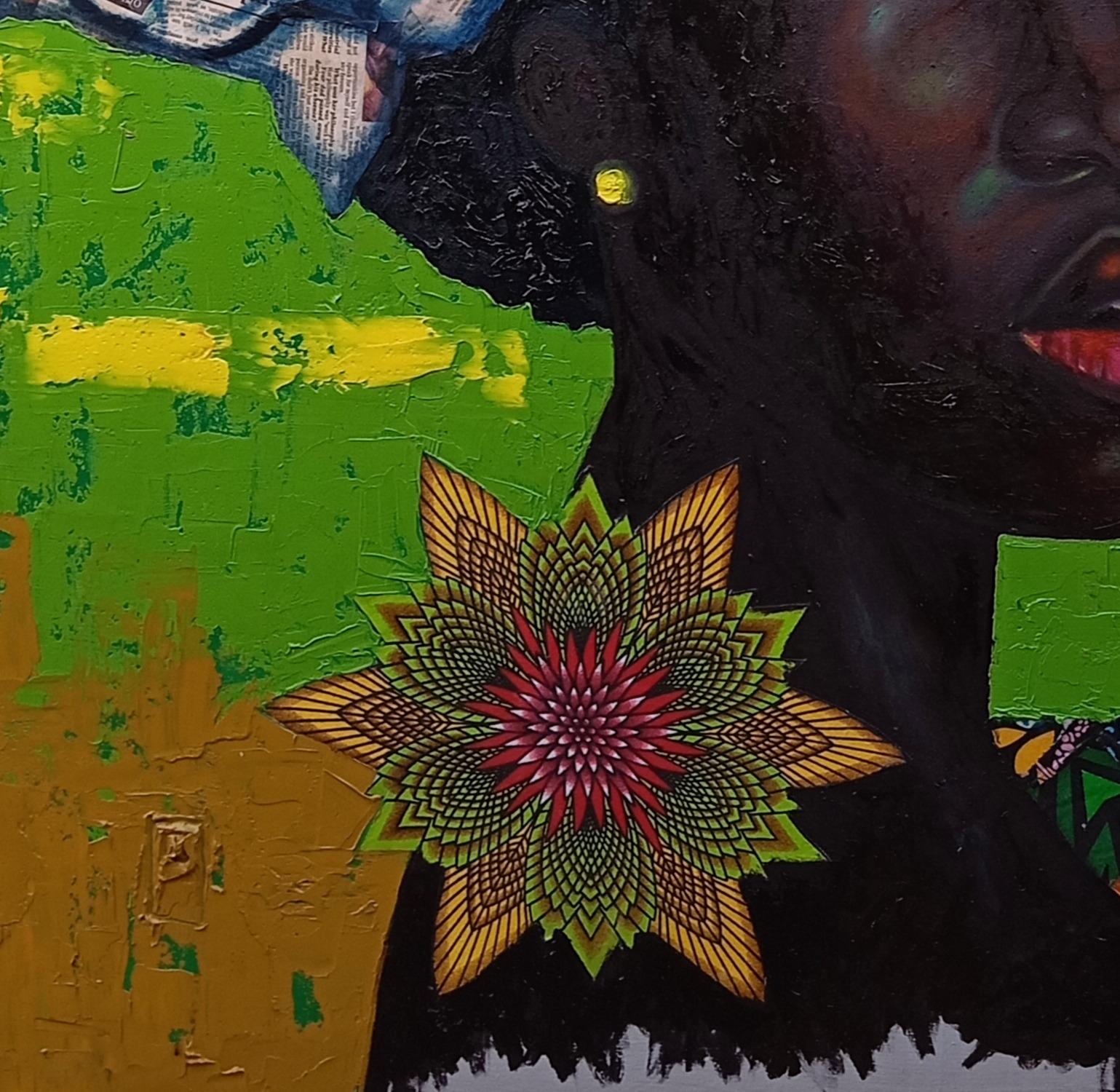 Esencia que corona - Técnica mixta del siglo XXI con óleo y telas de mujeres africanas - Figurative Painting Negro de Bakare Abubakri-sideeq Babatunde
