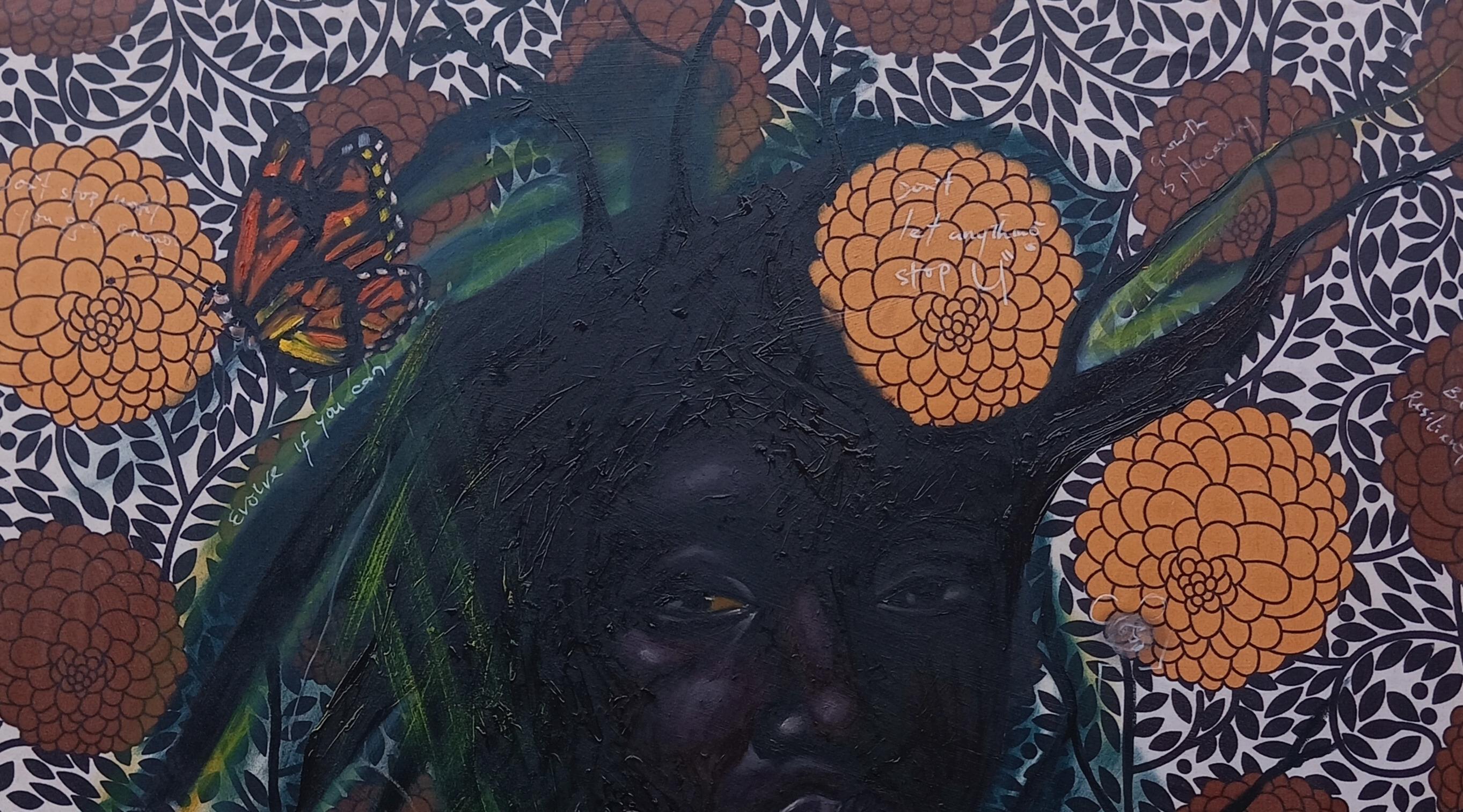 Ce tableau est une simple carte de la croissance physique et intérieure. Au centre se trouve un visage pensif, dont la peau sombre brille dans la lumière. Autour du visage, des fleurs dorées s'épanouissent sur un motif de feuilles en noir et blanc.