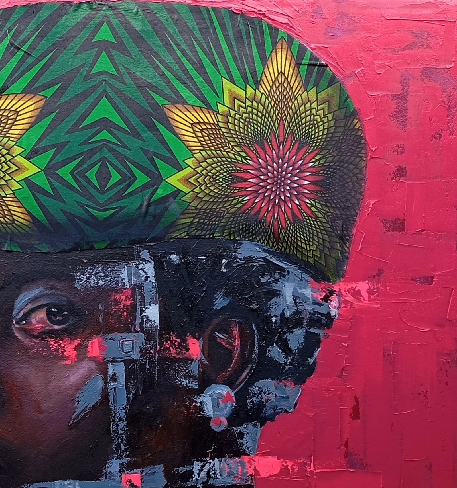 Eternal Poise - 21st Century Mixed Media with Oil and African Fabrics, Fashion - Contemporary Painting by Bakare Abubakri-sideeq Babatunde
