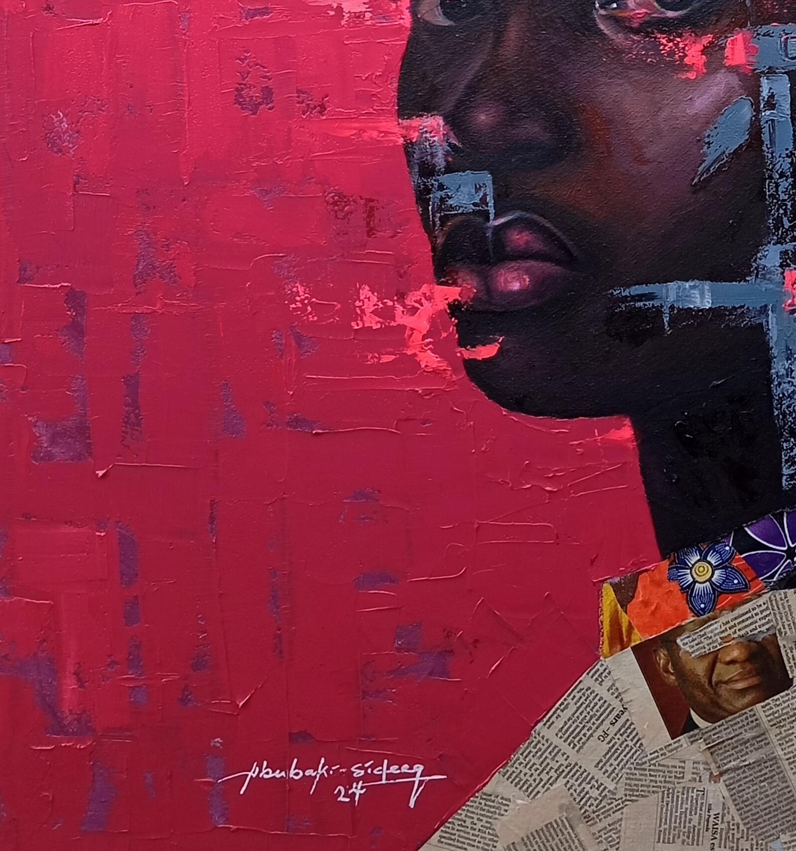 Eternal Poise - 21st Century Mixed Media with Oil and African Fabrics, Fashion - Pink Figurative Painting by Bakare Abubakri-sideeq Babatunde