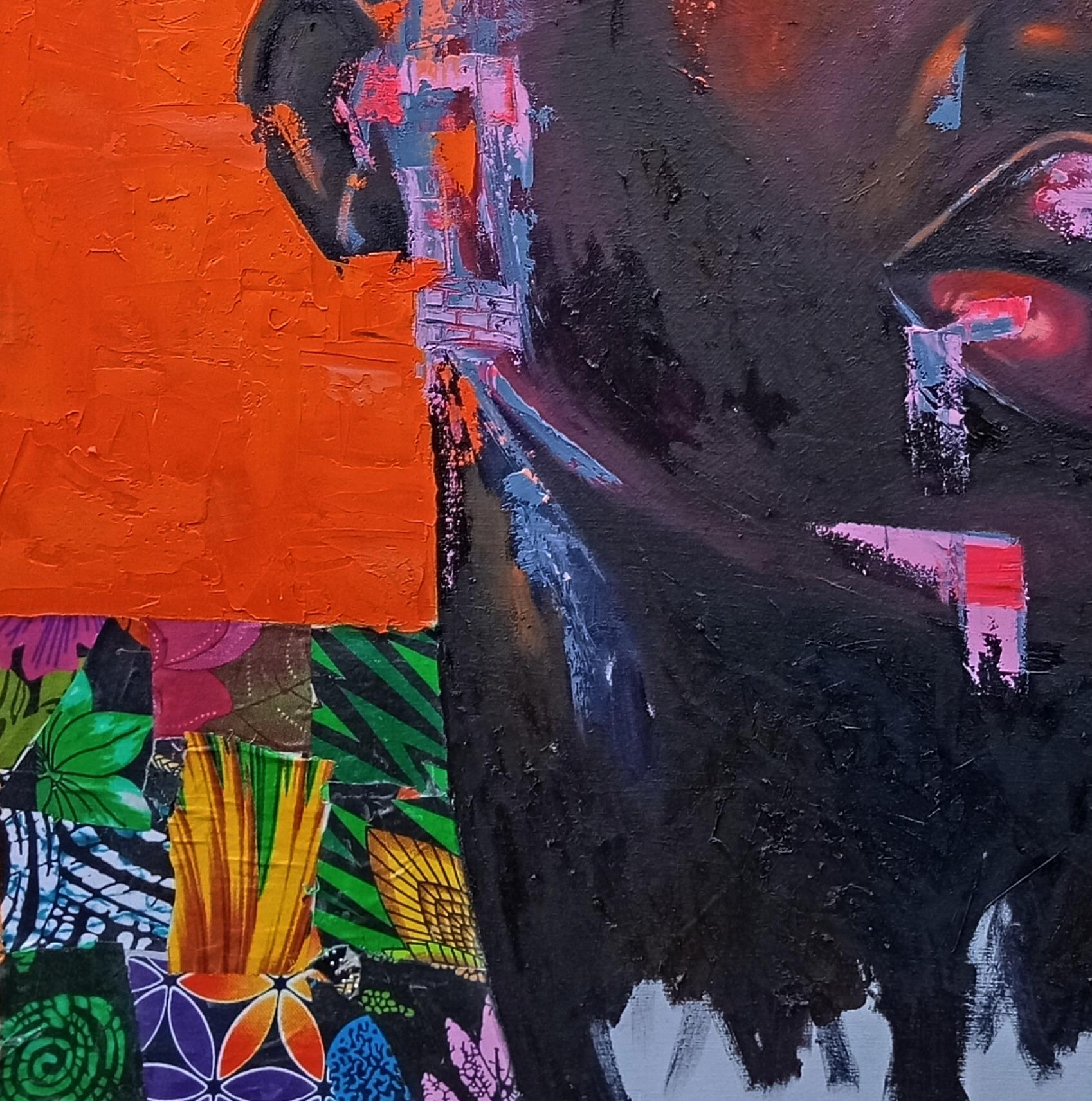 Moment of Self-Actualisation 21e siècle technique mixte avec huile, tissus africains - Noir Figurative Painting par Bakare Abubakri-sideeq Babatunde