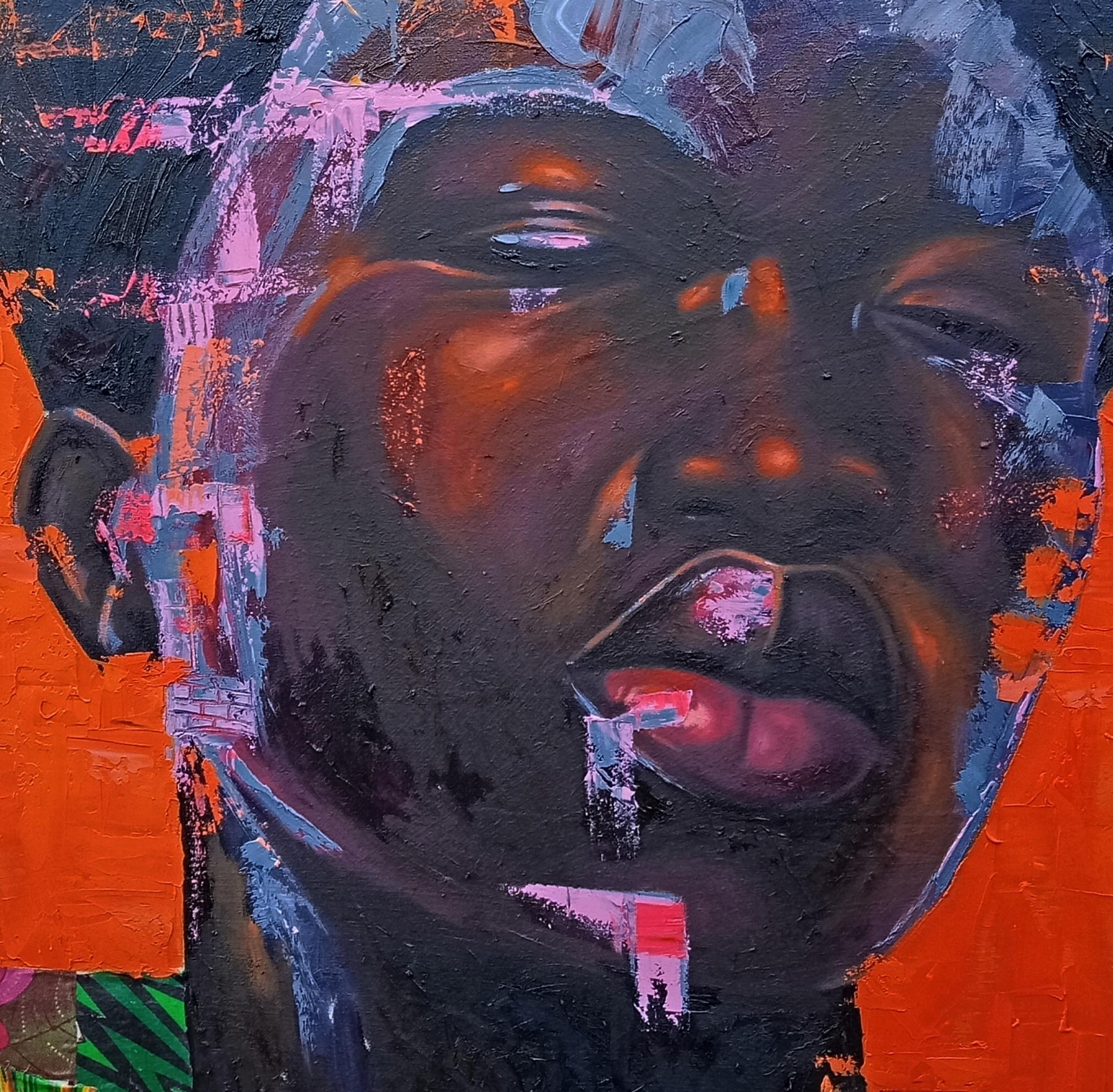 Moment of Self-Actualisation 21e siècle technique mixte avec huile, tissus africains en vente 1