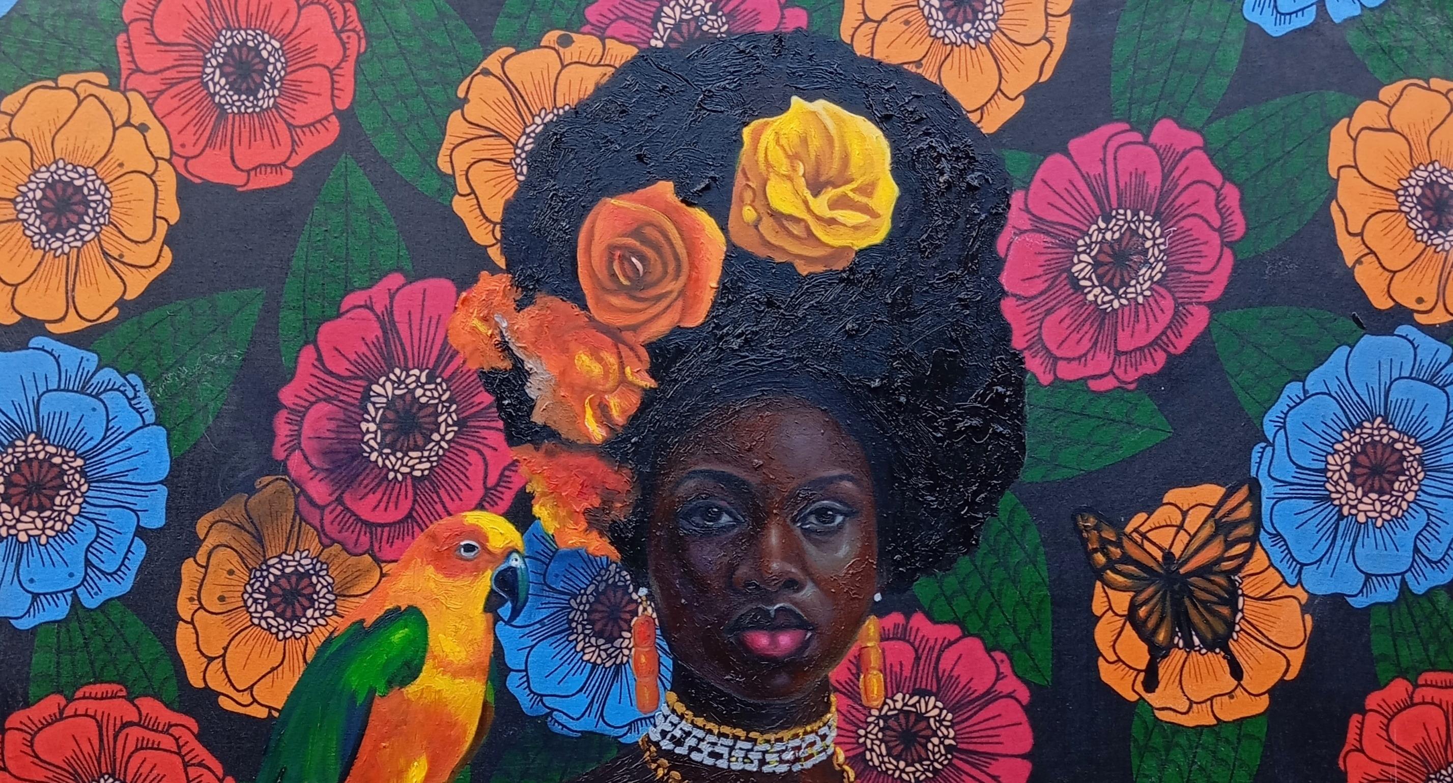 Nectar of Freedom - 21st Century, Figurative , Floral, Mixed Media Africa Women - Painting by Bakare Abubakri-sideeq Babatunde