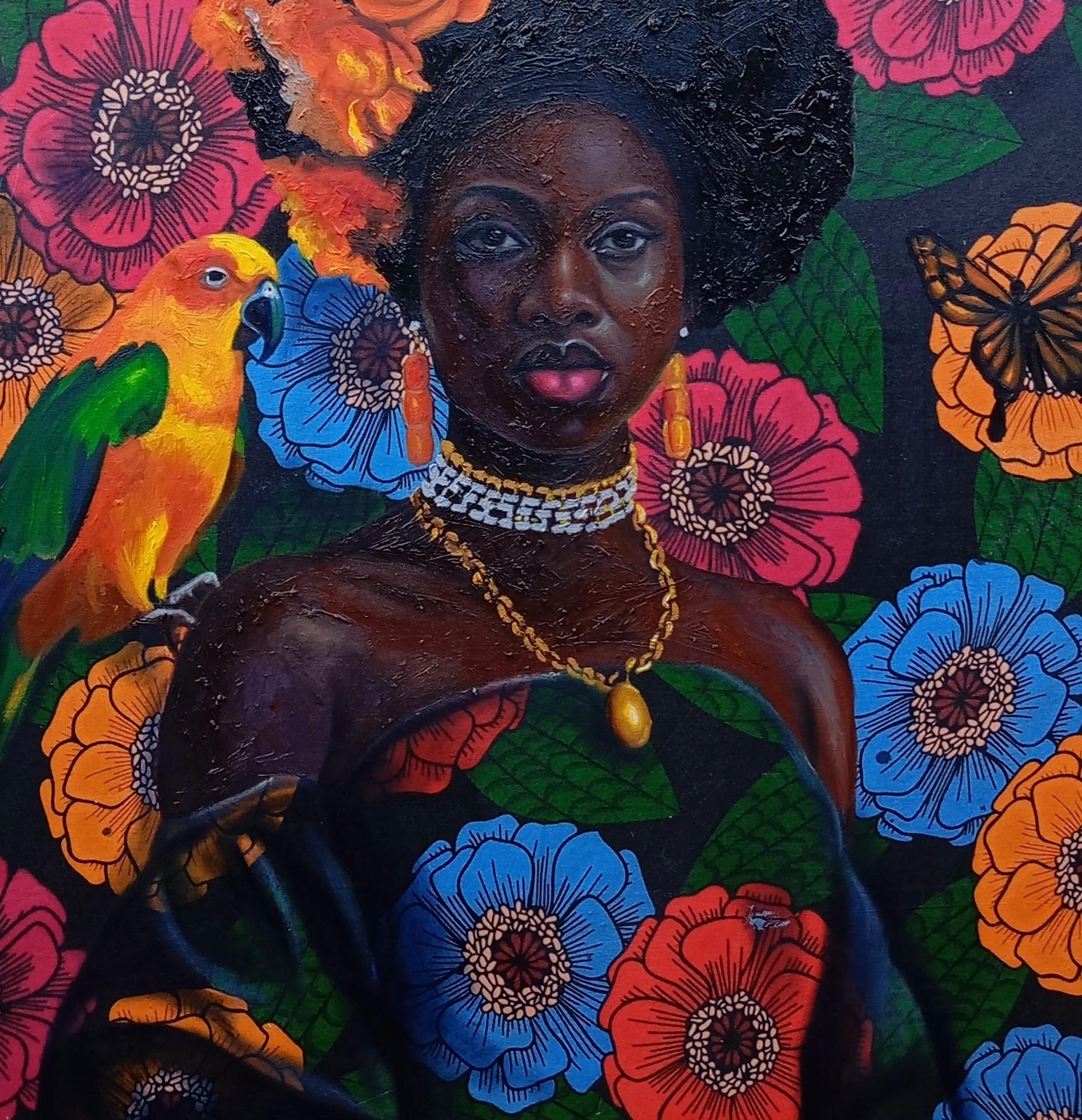 Nectar of Freedom - 21st Century, Figurative , Floral, Mixed Media Africa Women - Black Figurative Painting by Bakare Abubakri-sideeq Babatunde