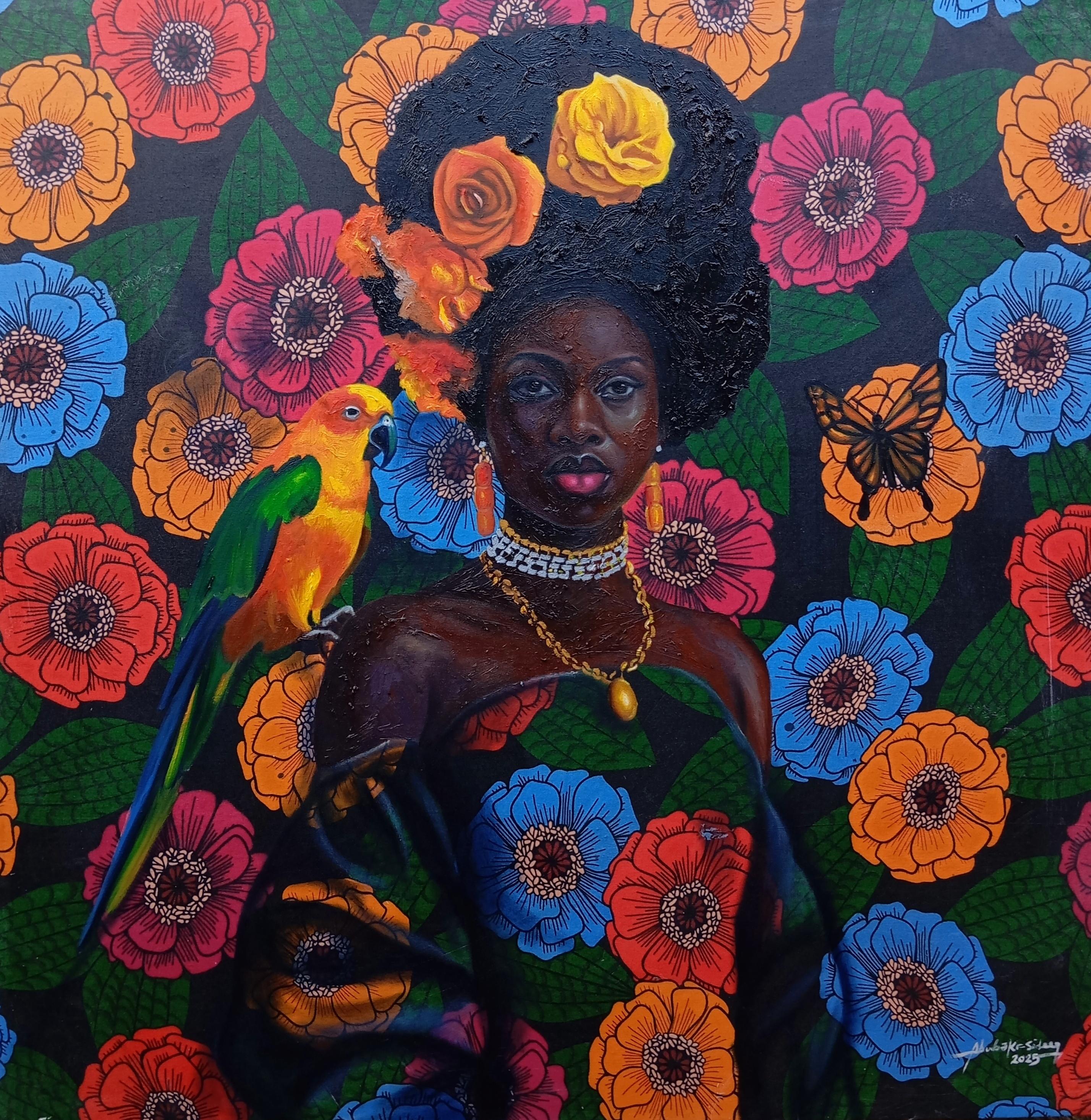 Bakare Abubakri-sideeq Babatunde Figurative Painting - Nectar of Freedom - 21st Century, Figurative , Floral, Mixed Media Africa Women