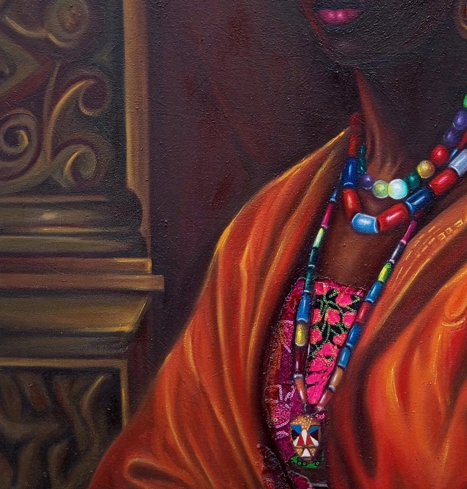Onileke Ara (Beaded in Style) 2 -21. Jahrhundert Contemporary, Afrikanische Frau, Perlen (Schwarz), Figurative Painting, von Bakare Abubakri-sideeq Babatunde