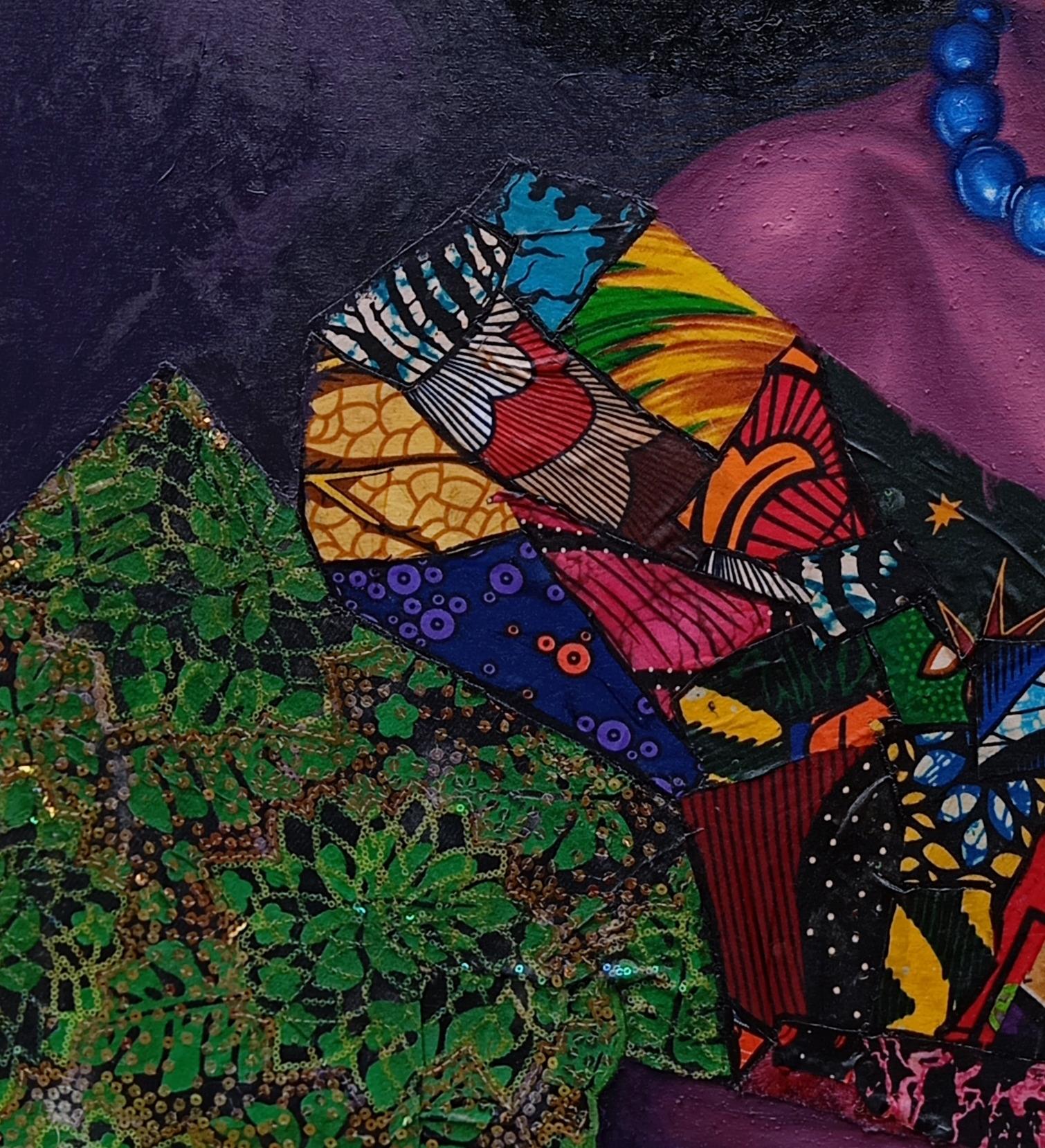 Perla del patrimonio - Tecnica mista del XXI secolo con olio e tessuti di donne africane in vendita 1