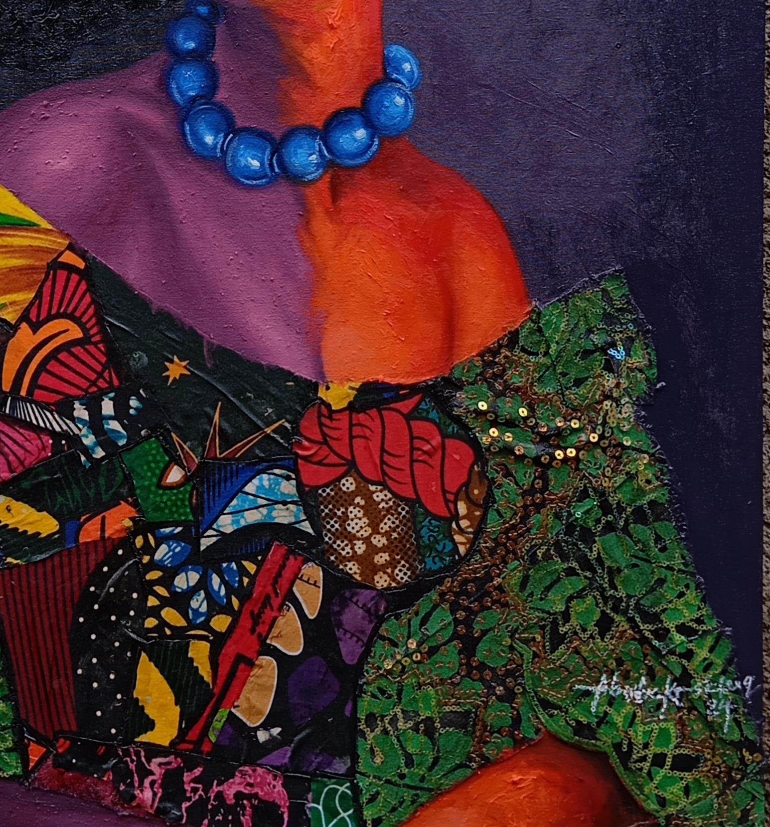 Perla del patrimonio - Tecnica mista del XXI secolo con olio e tessuti di donne africane in vendita 2