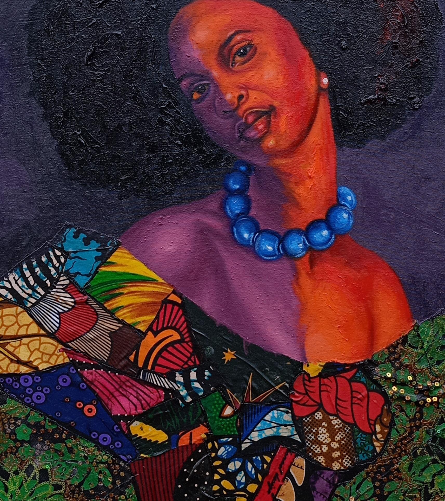 Perla del patrimonio - Tecnica mista del XXI secolo con olio e tessuti di donne africane in vendita 3