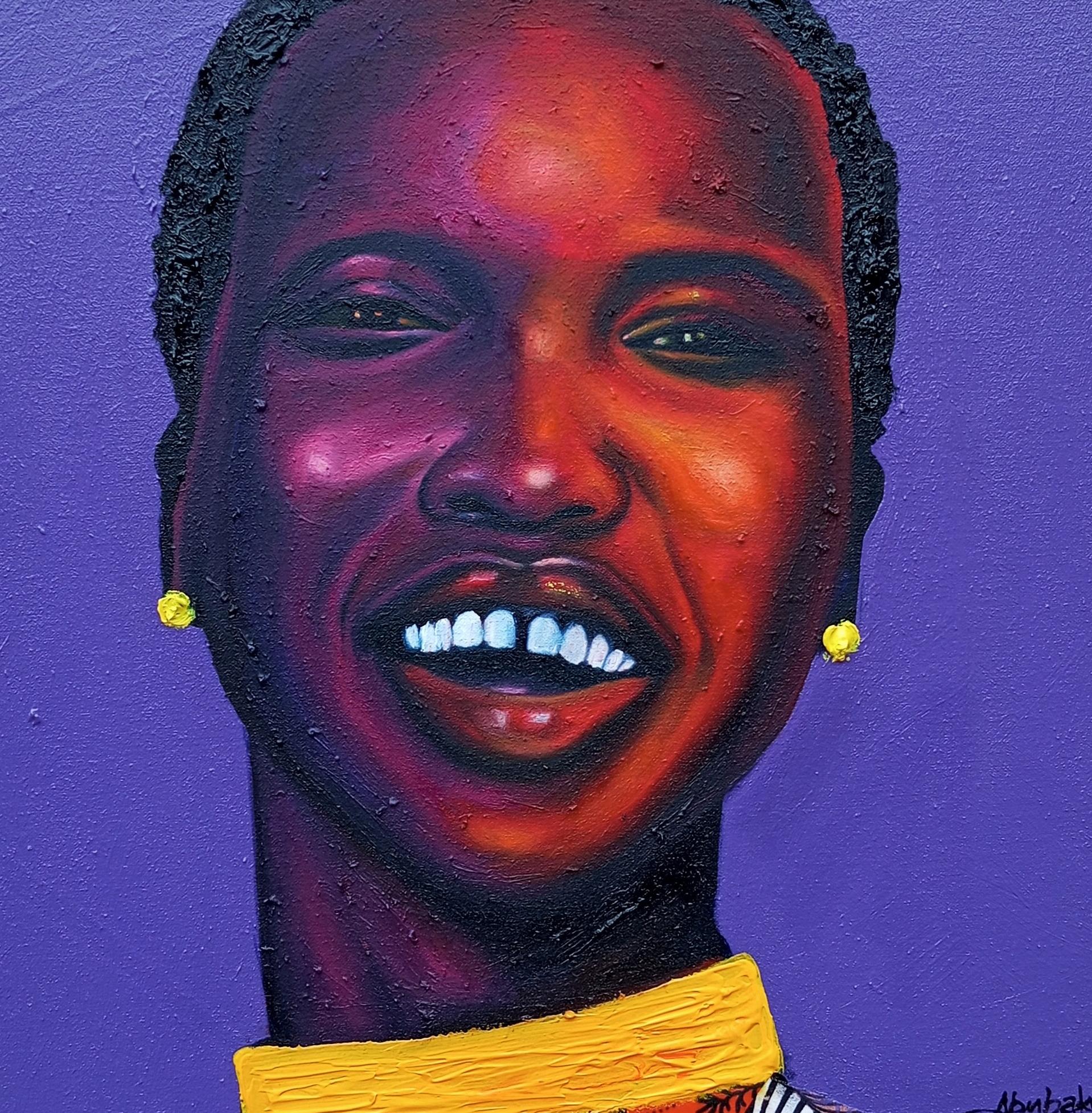 Radiance of Joy 2 - 21. Jahrhundert, Contemporary, Afrikanisch, Frauen, Fröhlich lächelnd (Violett), Figurative Painting, von Bakare Abubakri-sideeq Babatunde
