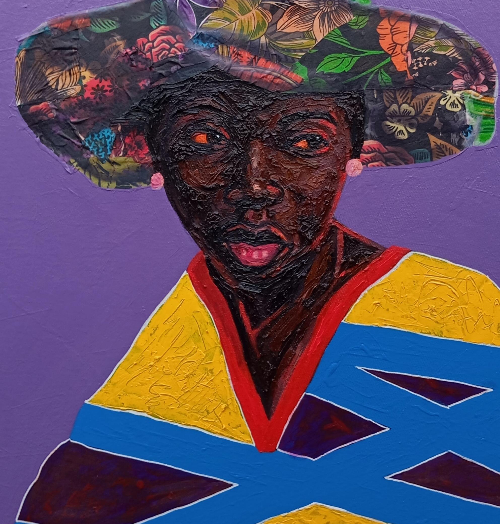 Le résultat est ce qu'ils voient 1 - 21e siècle, technique mixte avec huile, tissus, femmes - Violet Figurative Painting par Bakare Abubakri-sideeq Babatunde