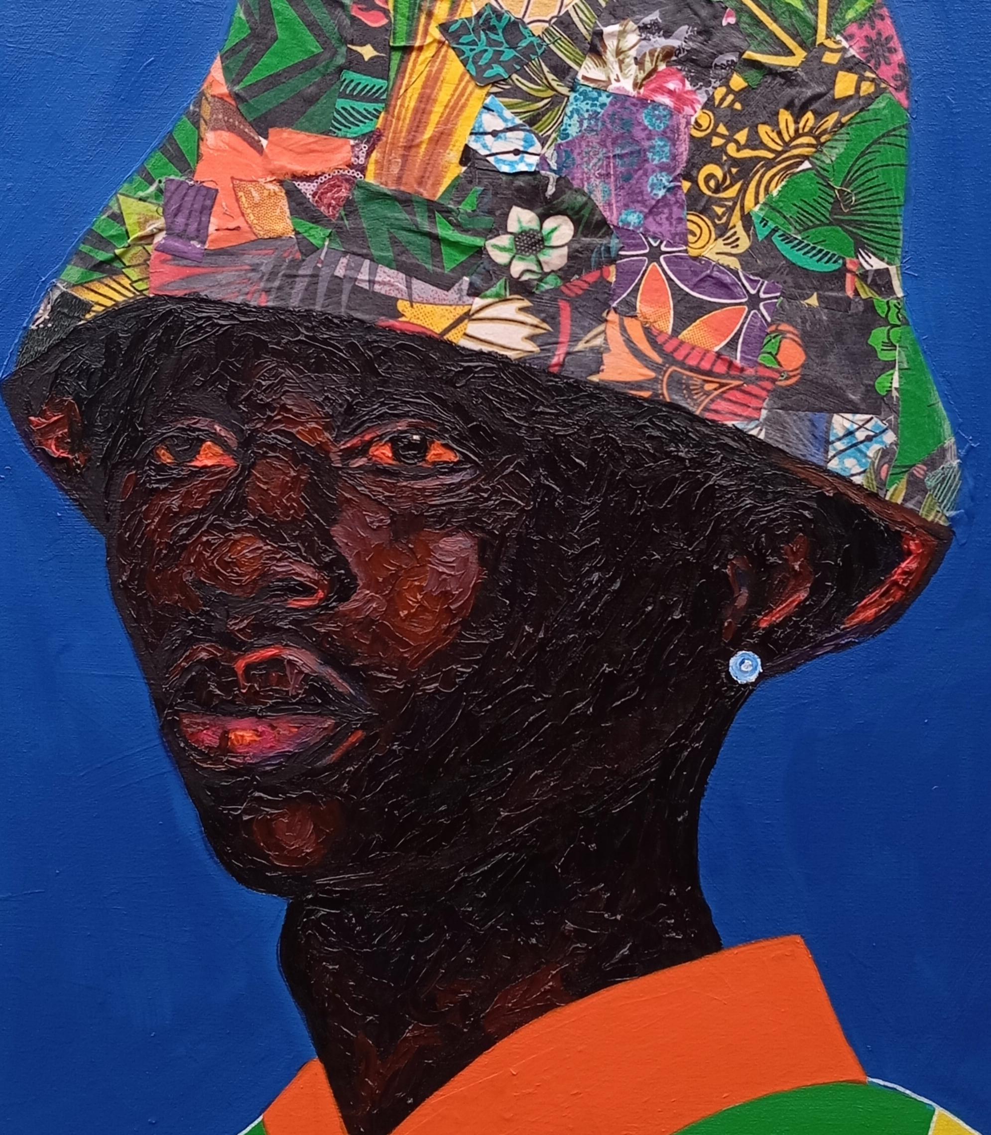 Le résultat est ce qu'ils voient 2 - 21e siècle, techniques mixtes avec huile, tissus, femmes - Violet Figurative Painting par Bakare Abubakri-sideeq Babatunde