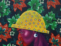 Silent Grace - Siglo XXI, óleo contemporáneo y telas de mujeres africanas, florales