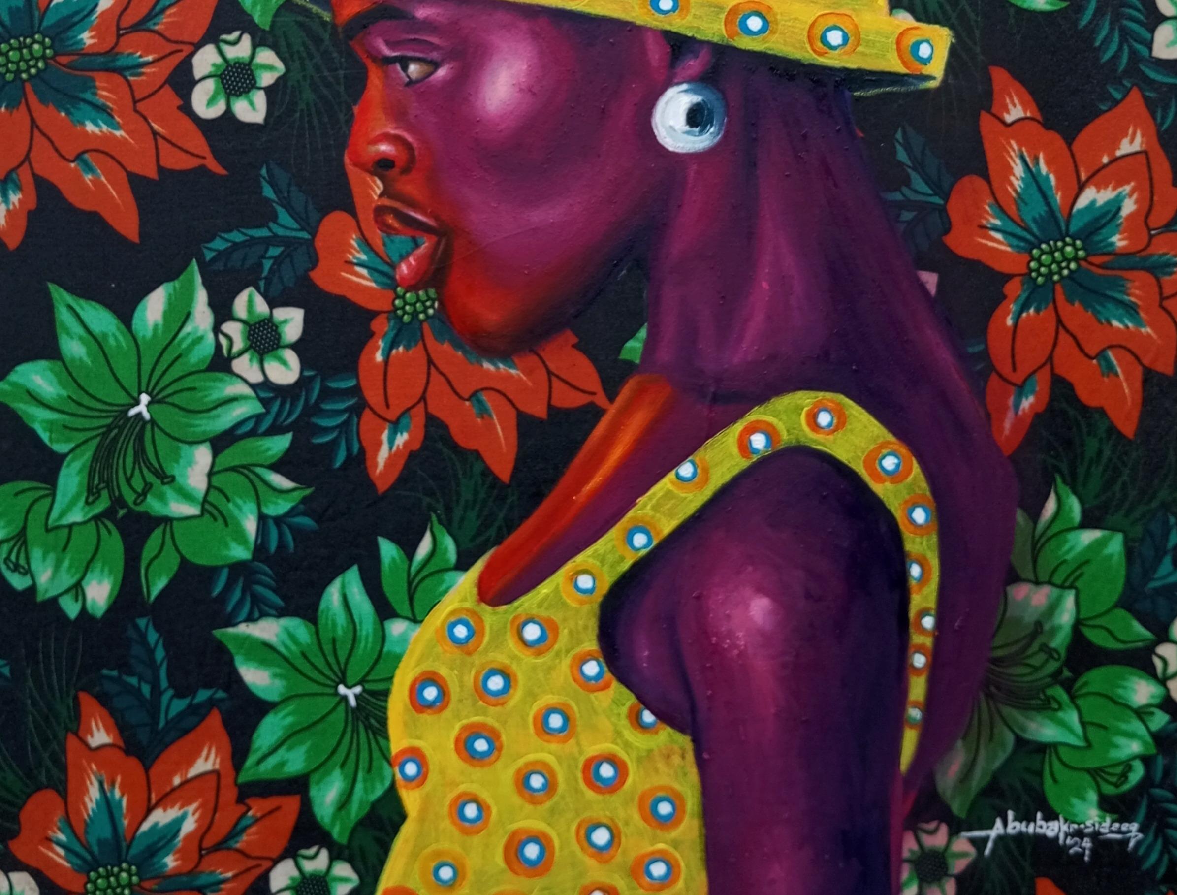 Silent Grace - Siglo XXI, óleo contemporáneo y telas de mujeres africanas, florales - Painting Conceptual de Bakare Abubakri-sideeq Babatunde