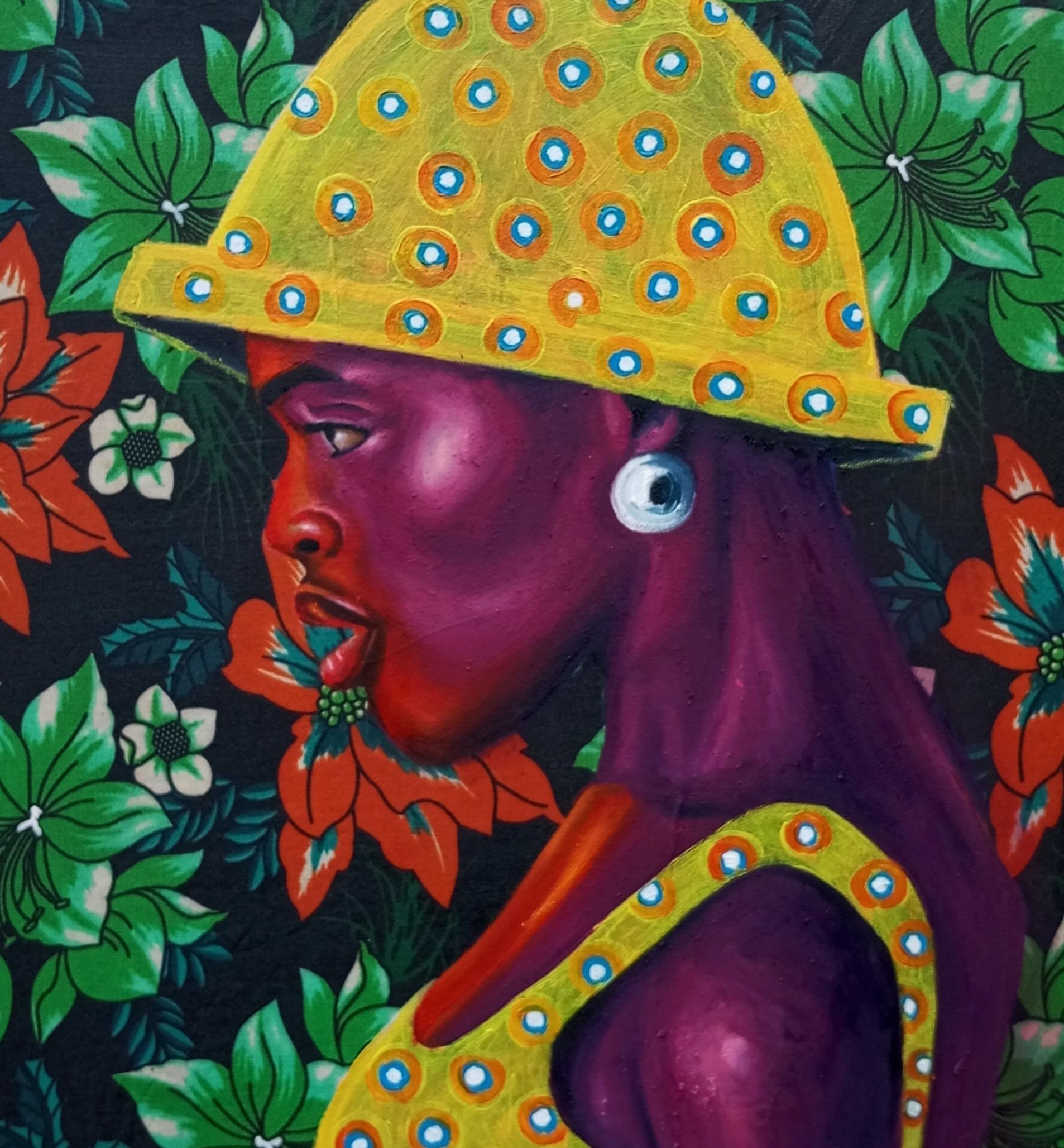 Silent Grace - Siglo XXI, óleo contemporáneo y telas de mujeres africanas, florales - Figurative Painting Negro de Bakare Abubakri-sideeq Babatunde