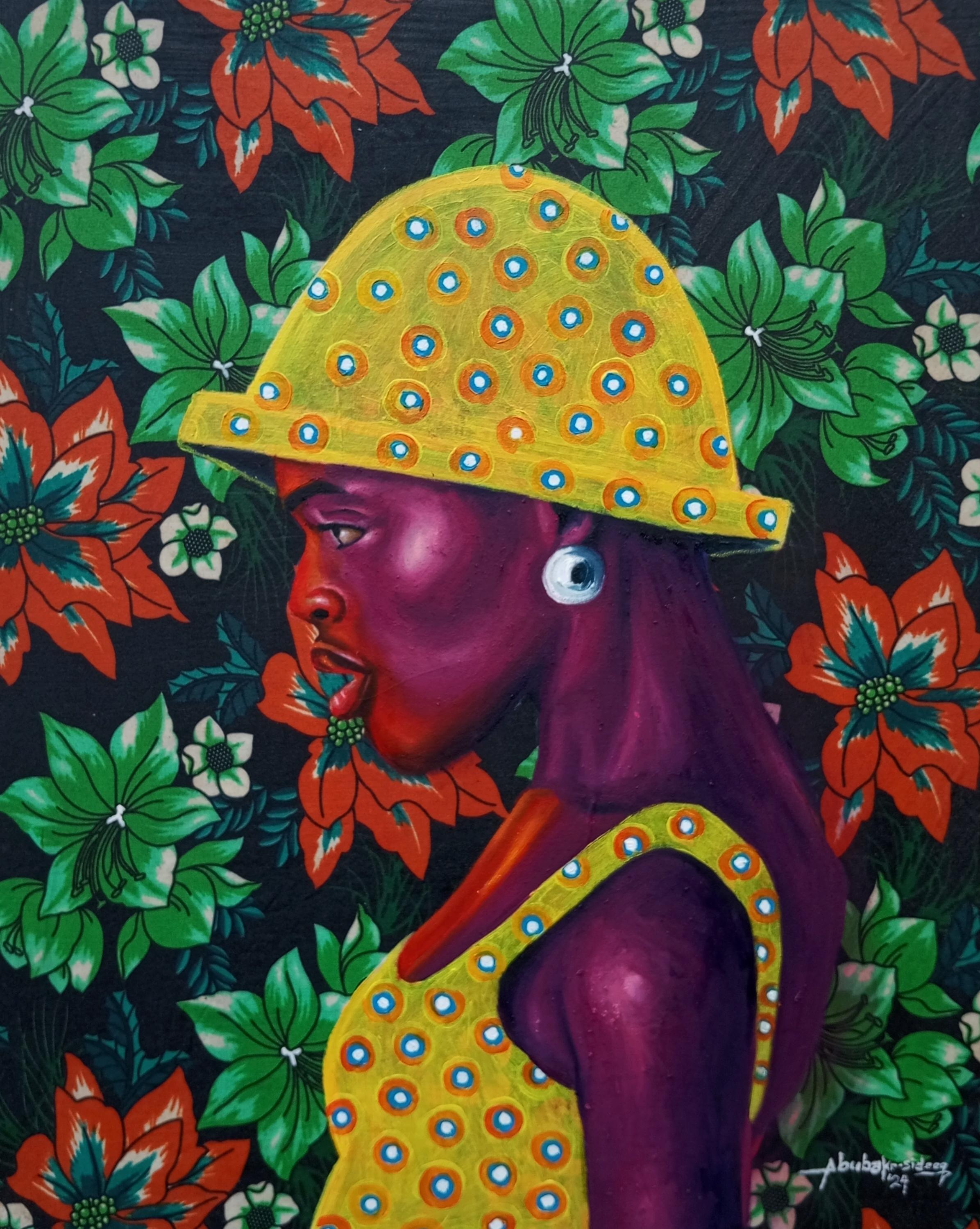 Silent Grace - Siglo XXI, óleo contemporáneo y telas de mujeres africanas, florales