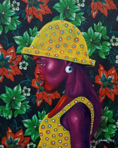 Silent Grace - Siglo XXI, óleo contemporáneo y telas de mujeres africanas, florales