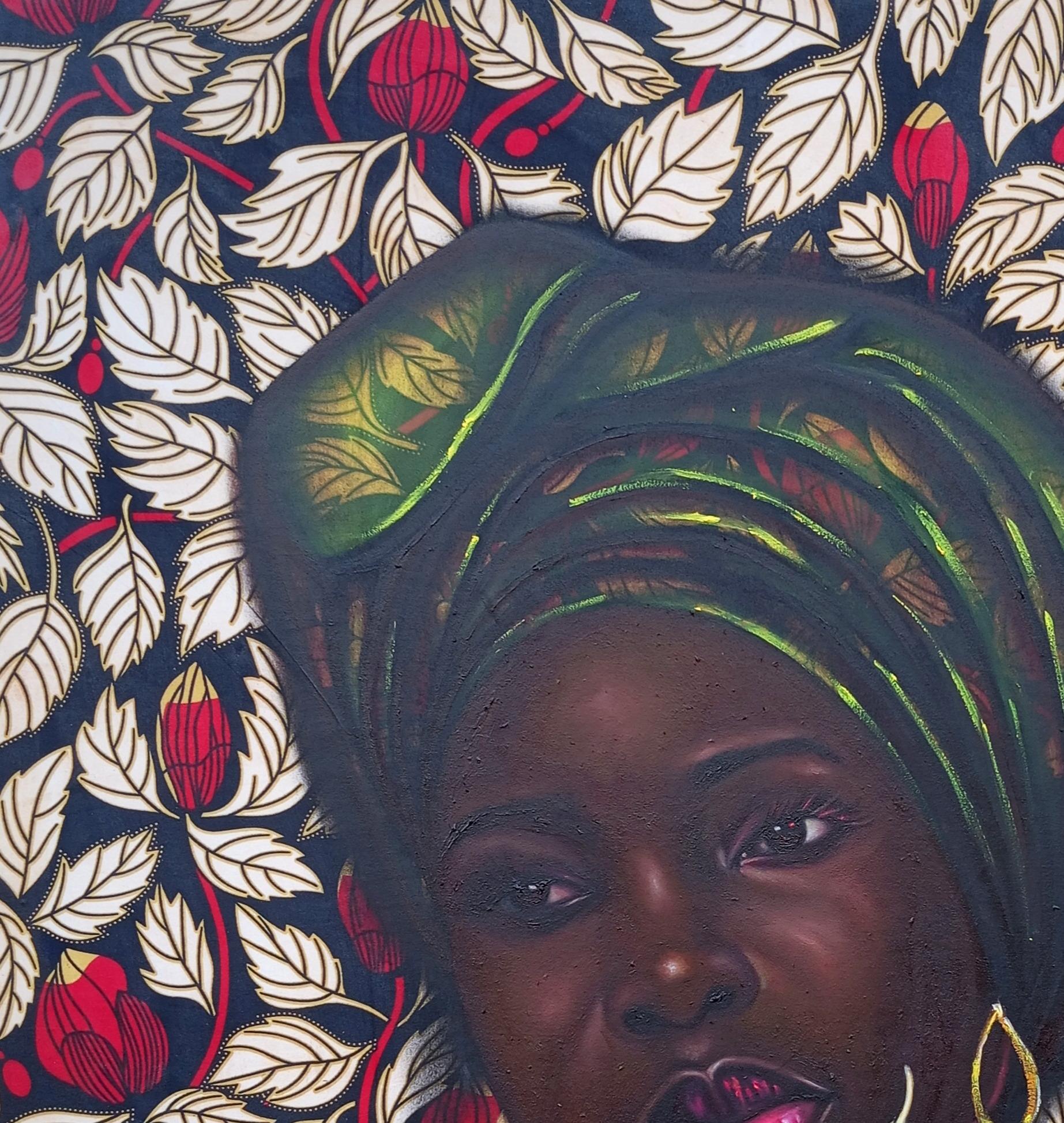 Souvenirs de la beauté 1 - 21e siècle, technique mixte avec huile et tissus d'Ankara - Conceptuel Mixed Media Art par Bakare Abubakri-sideeq Babatunde