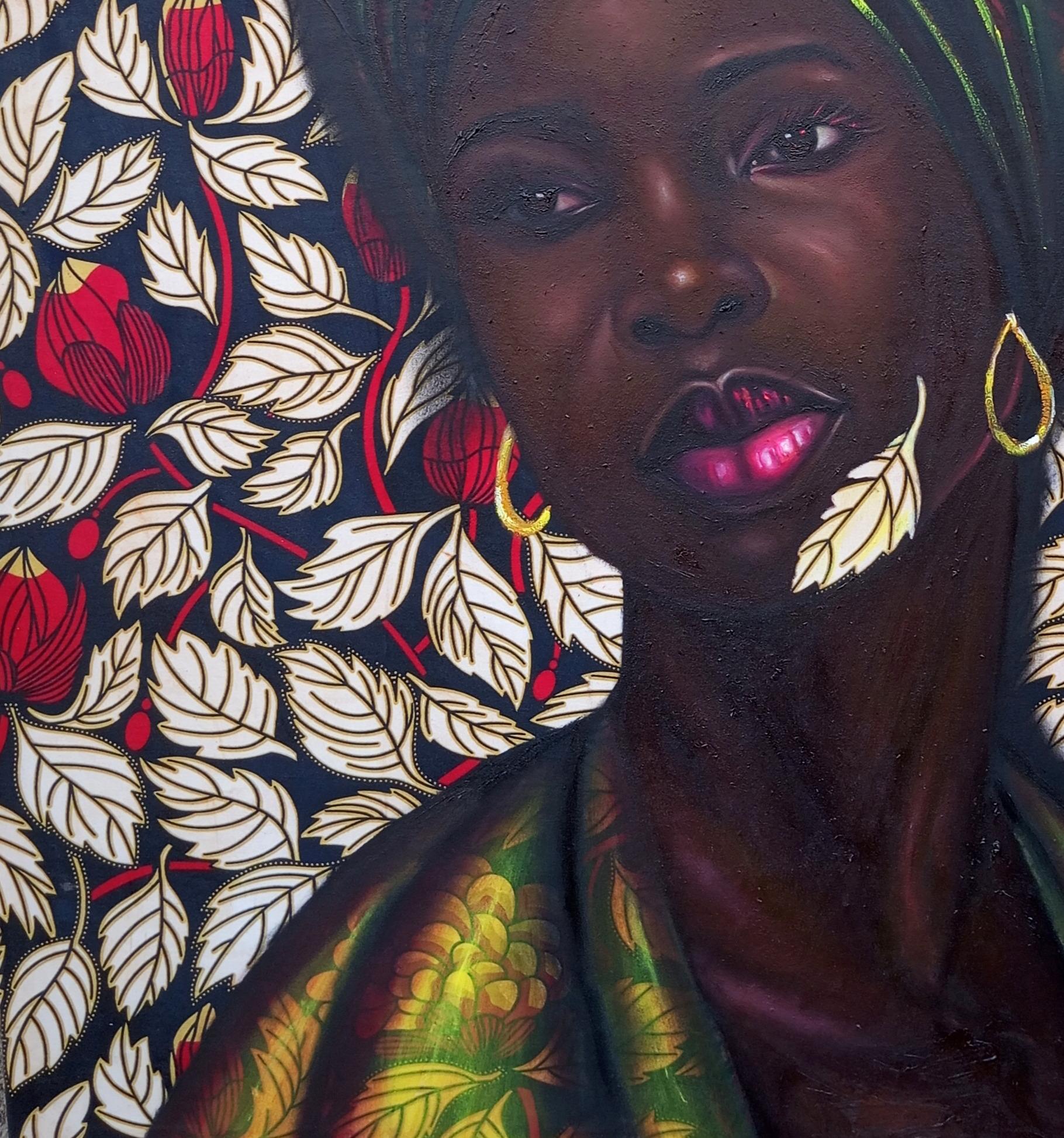 Souvenirs de la beauté 1 - 21e siècle, technique mixte avec huile et tissus d'Ankara en vente 1