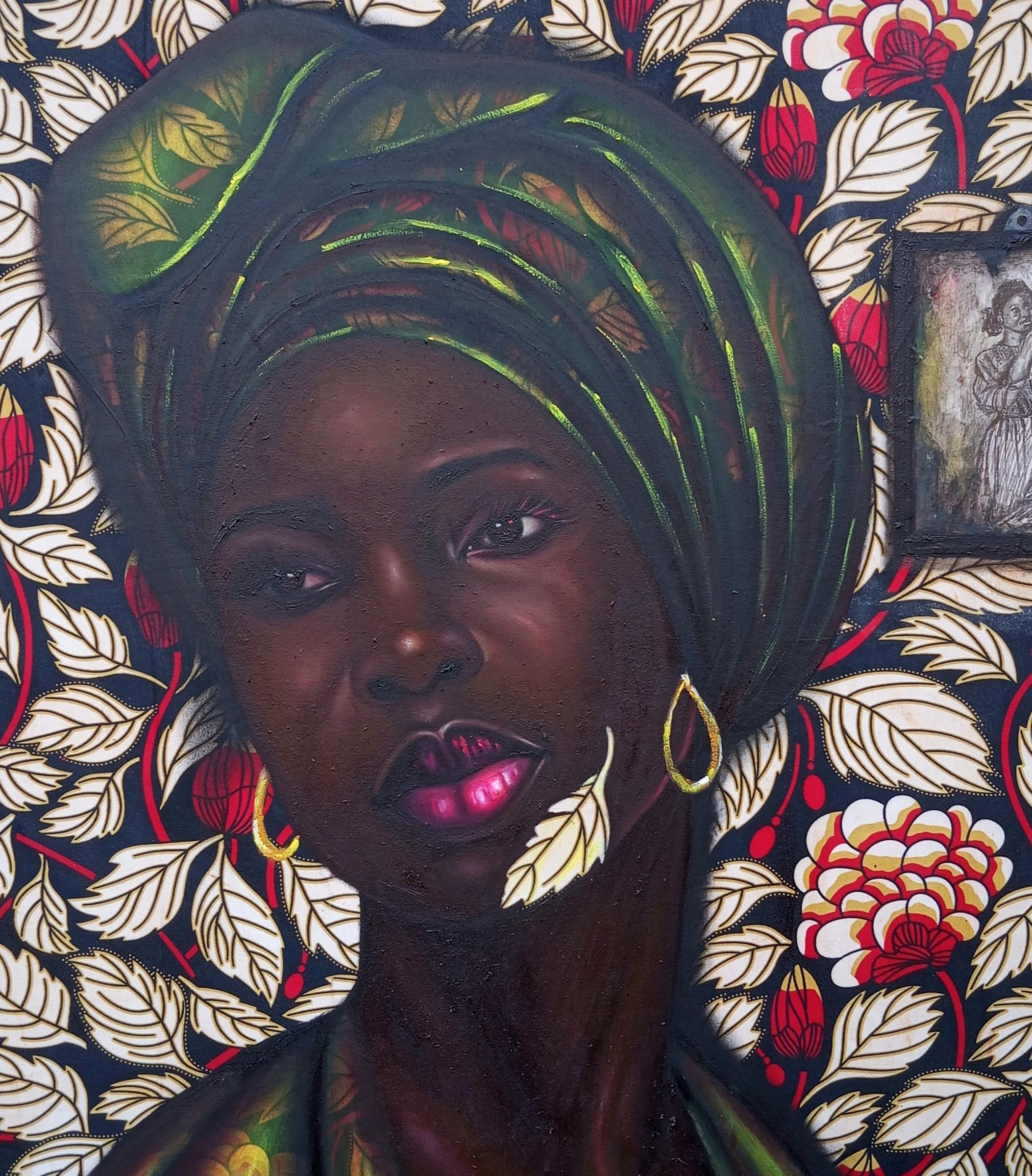 Souvenirs de la beauté 1 - 21e siècle, technique mixte avec huile et tissus d'Ankara en vente 3