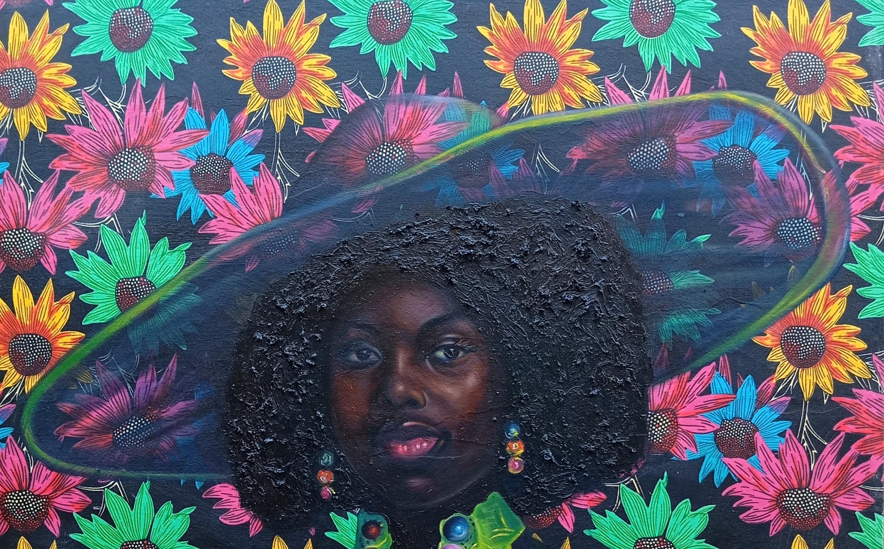 Sunflower Queen - Tecnica mista del XXI secolo con olio, Fabrice africana, moda - Mixed Media Art Contemporaneo di Bakare Abubakri-sideeq Babatunde