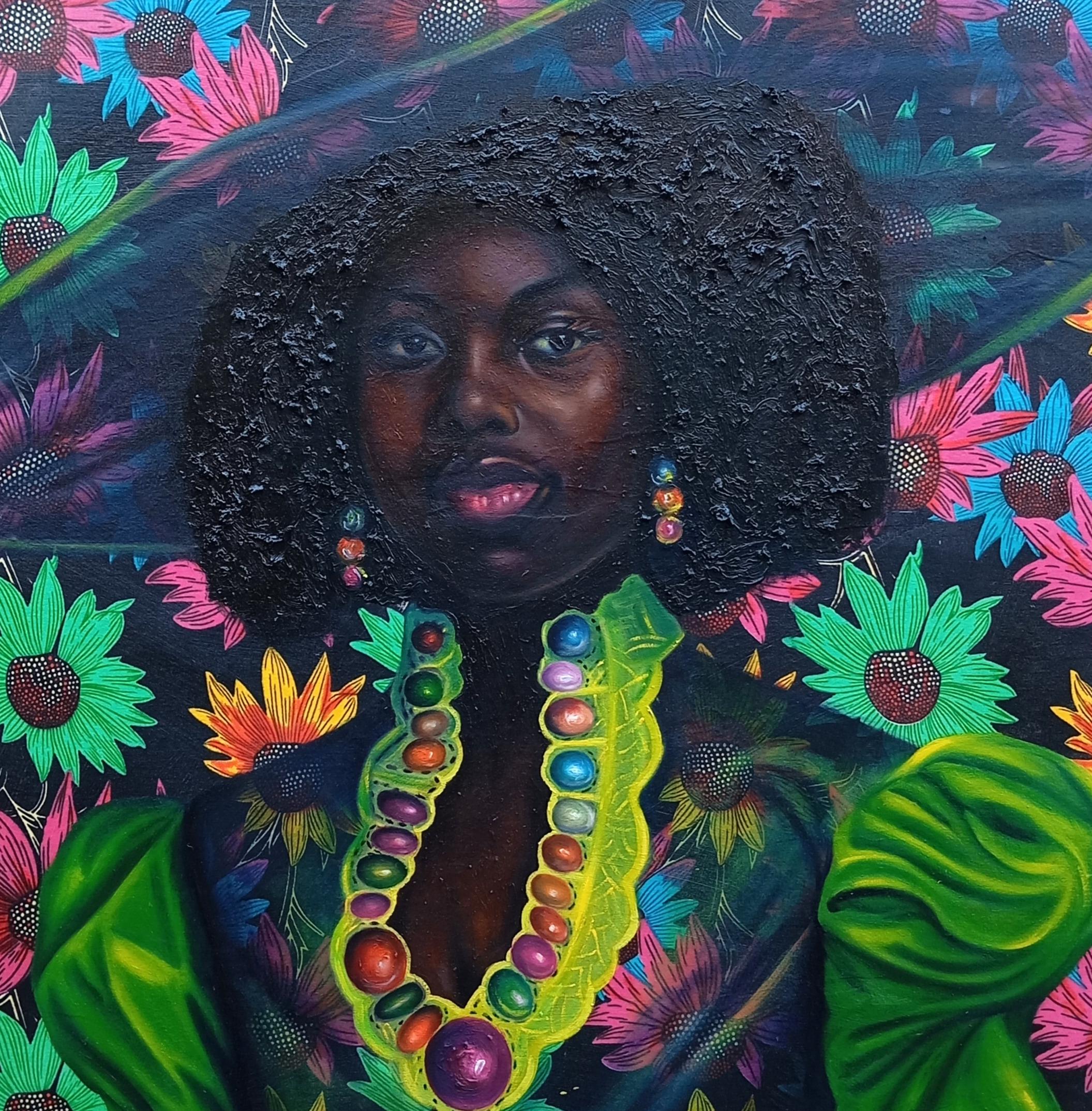 Sunflower Queen - Tecnica mista del XXI secolo con olio, Fabrice africana, moda in vendita 1