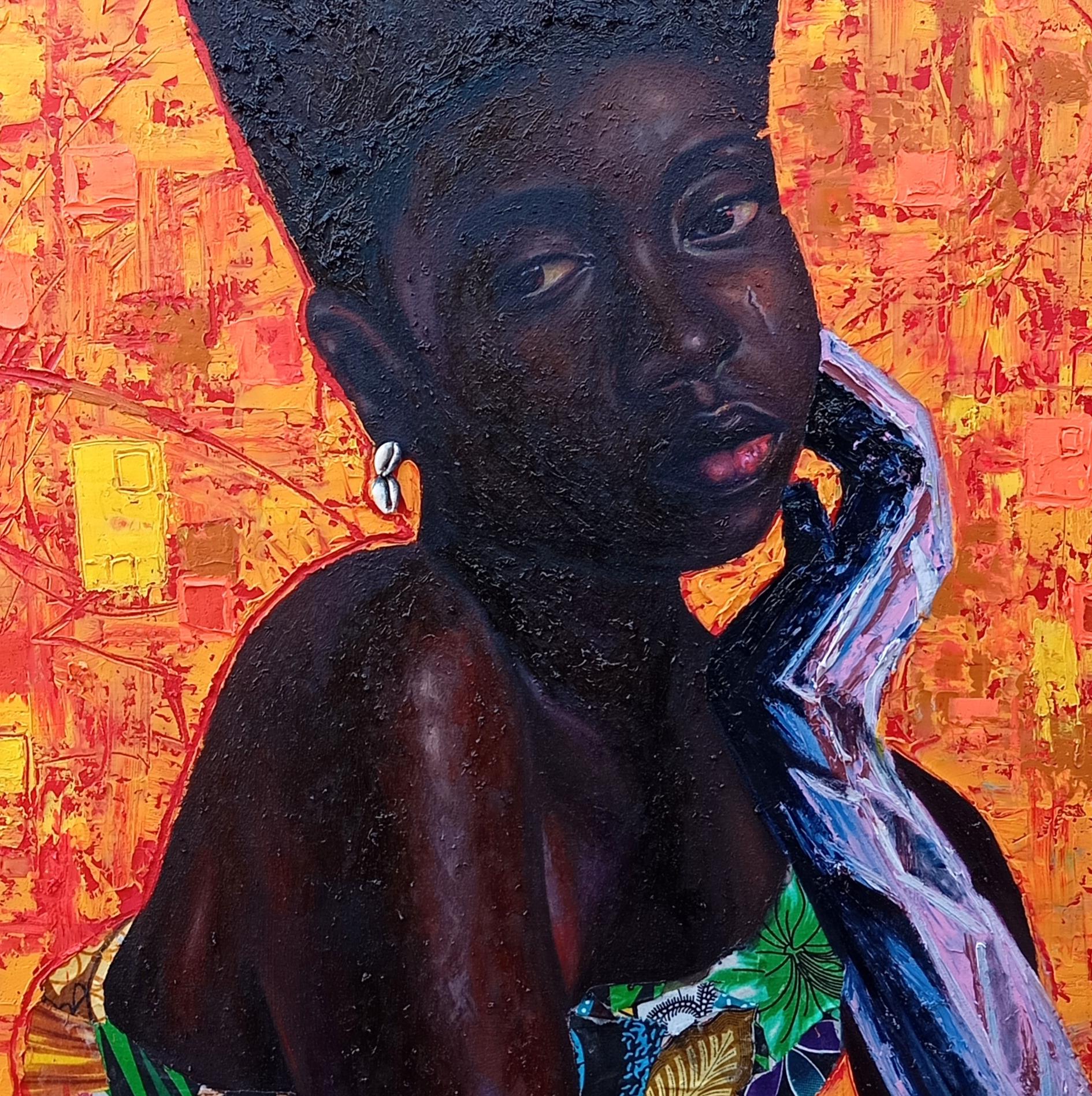 Vogue unapologetic - 21e siècle technique mixte avec huile, tissus africains, femmes en vente 1